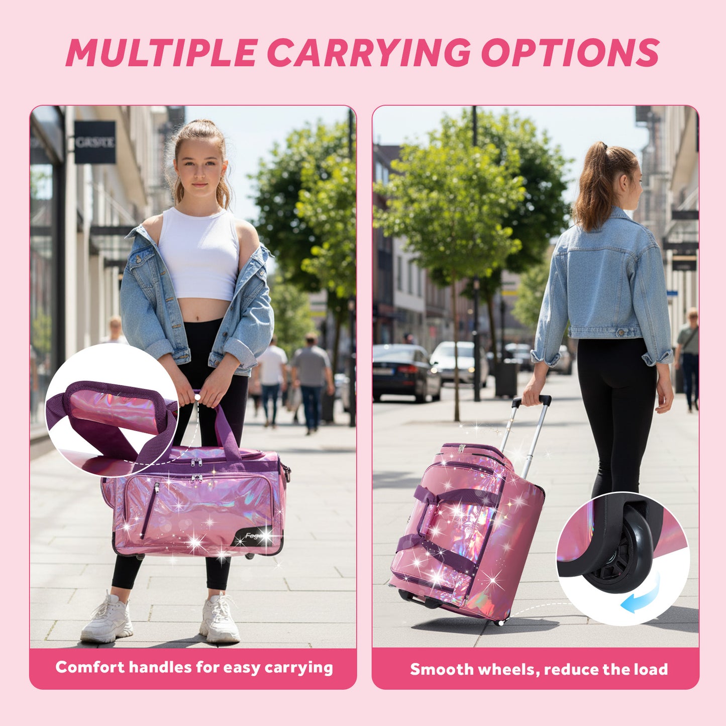 Fegat Dance Bag with Garment Rack, 23" Glittering Rolling Dance Competition Bag Prism-Glowing Waterproof Dance Duffel Bag Costume Suitcase for Dancers Performer Artist,Sparkle Purple