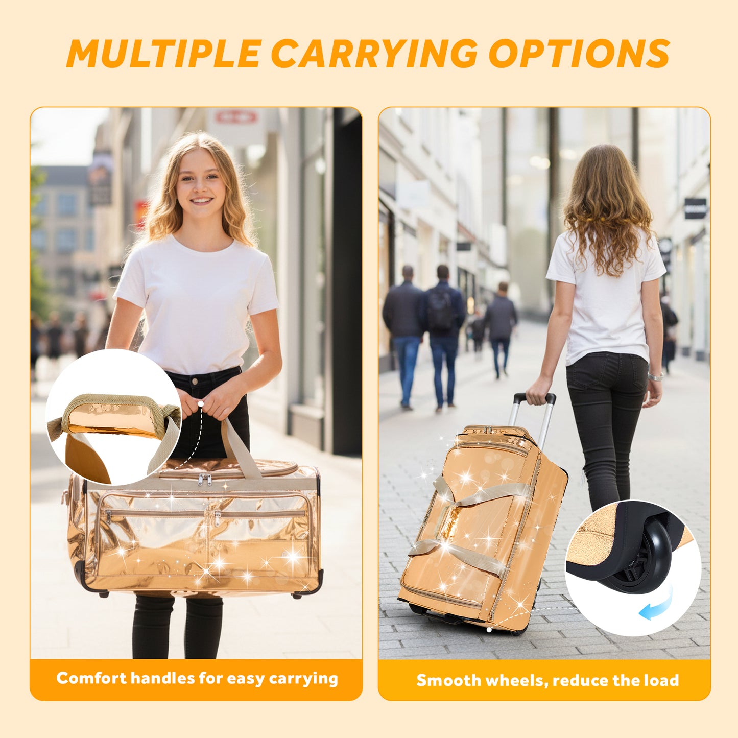 Fegat 28" Dance Bag with Garment Rack,Upgraded Glitter Rolling Competition Dance Duffel Bag Waterproof Costume Travel Bag Costume Suitcase for Dancer Performer Athletes,Gold