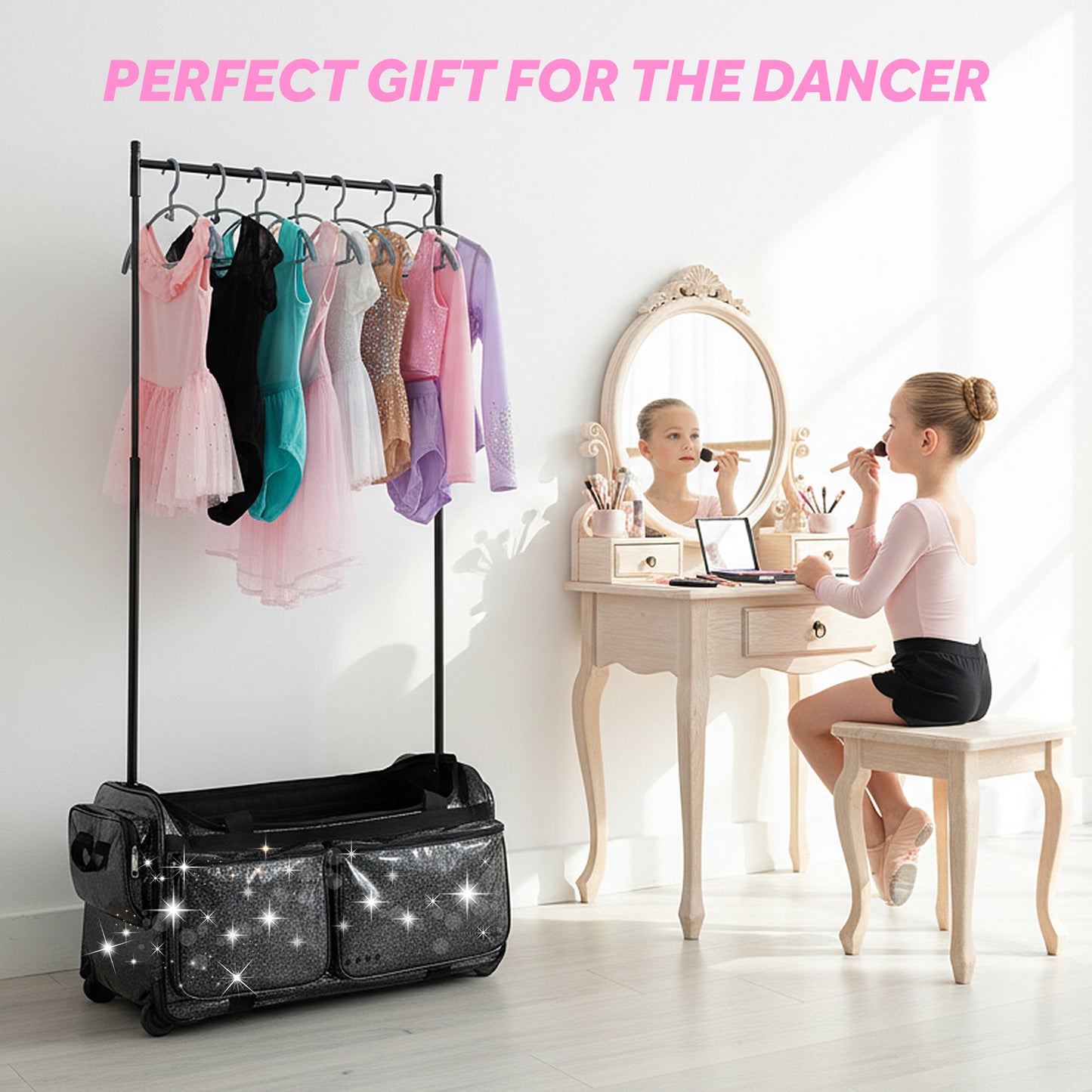 Fegat 28" Dance Bag with Garment Rack,Upgraded Collapsible Glittering Rolling Competition Dance Duffle Bag Lightweight Wear-Resistant Costume Wheeled Suitcase for Dancers Shows,Black