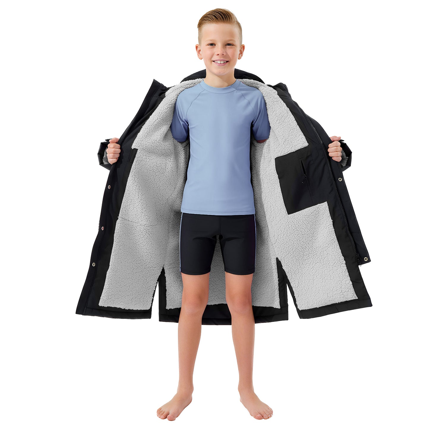 Lobmouse Unisex Swim Parka,Sherpa Fleece Lined Warm Coat,Windproof Waterproof Quick-dry Hooded Swim Jacket,Oversize Surf Poncho Changing Robe Parka for Adult & Kids