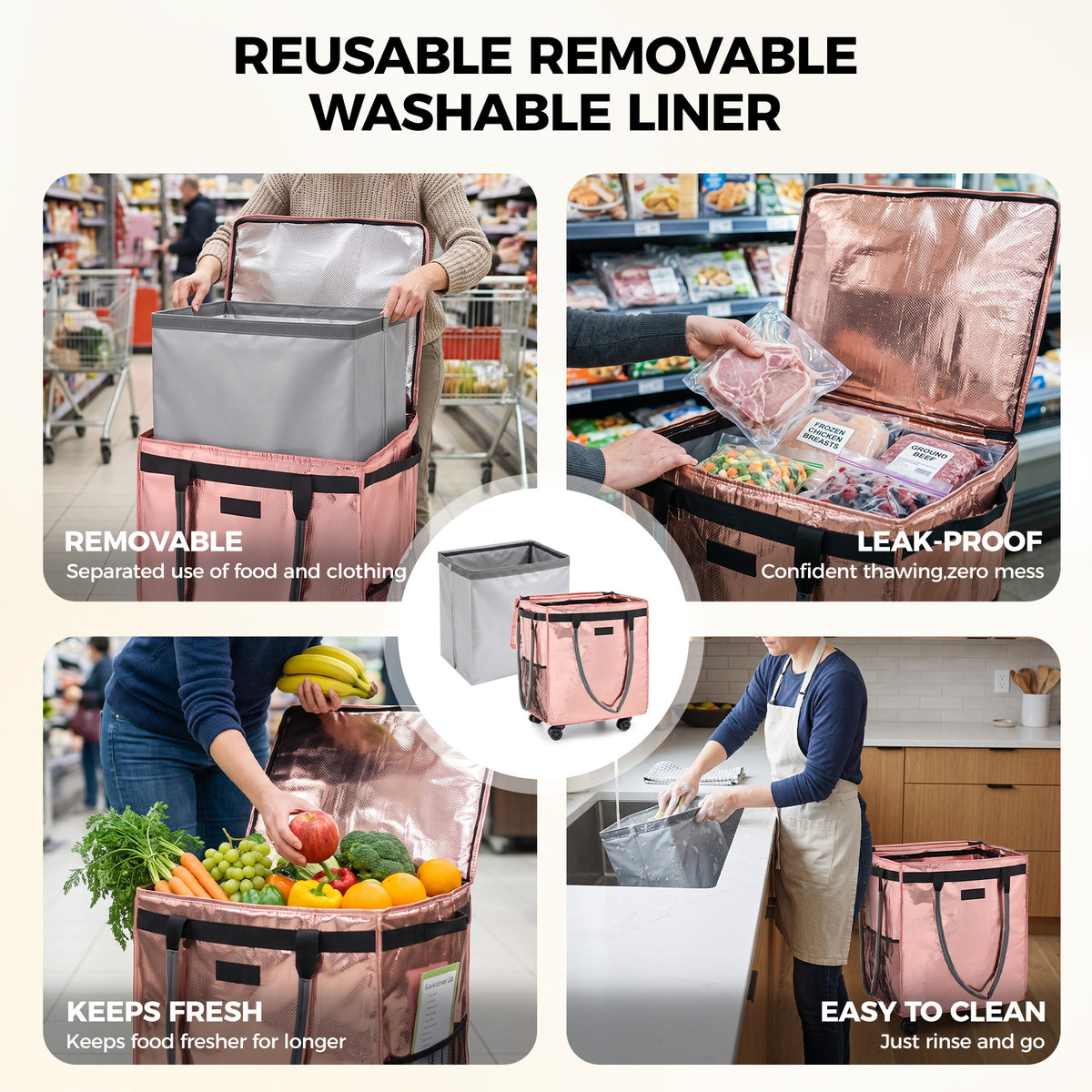 Fegat Reusable Grocery Bag on Wheels,Rolling Tote,Foldable Shopping Bags with Wheels and Handle for Trips, Moving, Laundry, Kitchen
