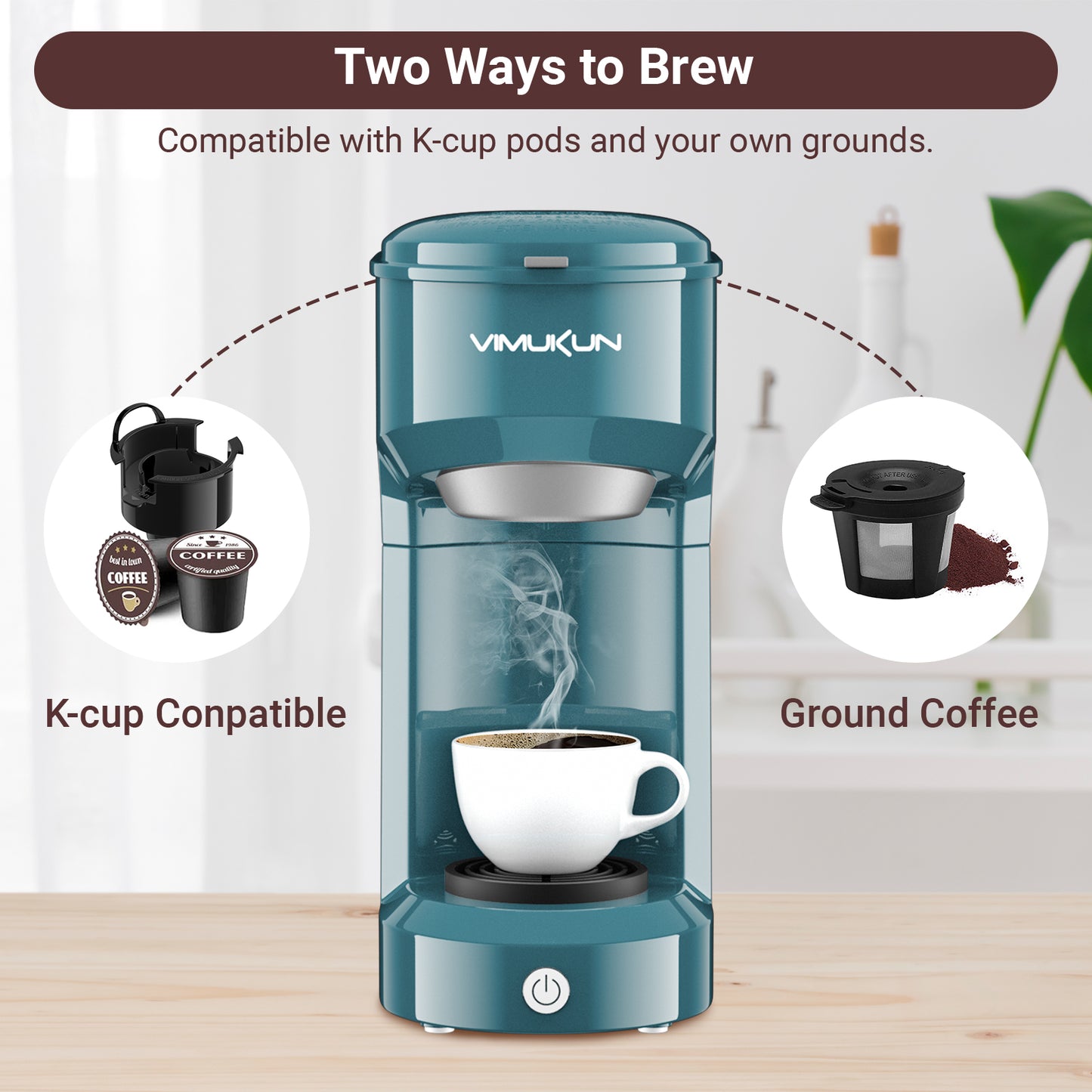 Single Serve Coffee Maker, Mini Coffee Brewer for K-Cup Single Cup Capsule and Ground Coffee, Single Cup Coffee Makers with 6 to 14oz Reservoir, Green