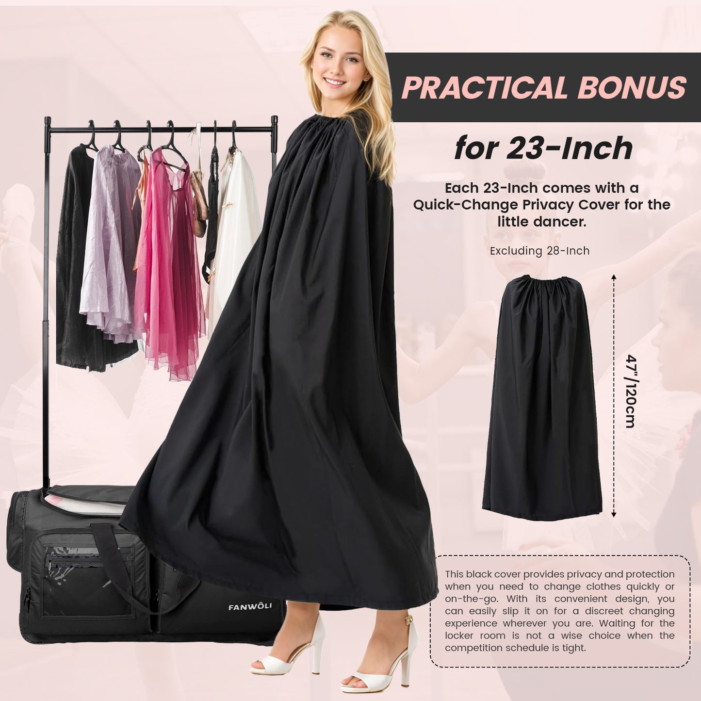 Fegat Dance Bag with Garment Rack, 23" Foldable Rolling Competition Dance Duffle Bag with Portable Clothes Changing Cover, Costume Suitcase for Dancers Shows Athletes