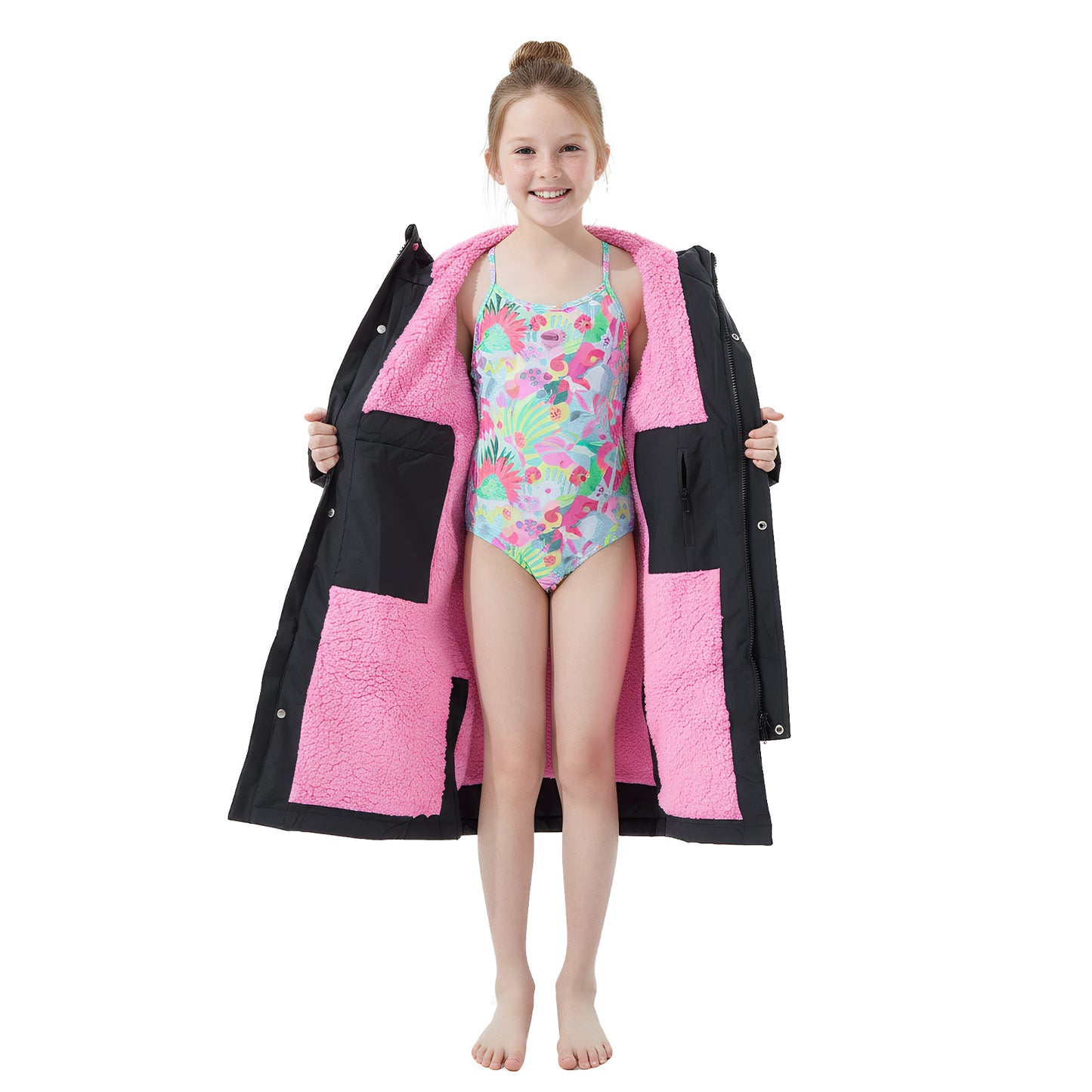 Lobmouse Unisex Swim Parka,Sherpa Fleece Lined Warm Coat,Windproof Waterproof Quick-dry Hooded Swim Jacket,Oversize Surf Poncho Changing Robe Parka for Adult & Kids