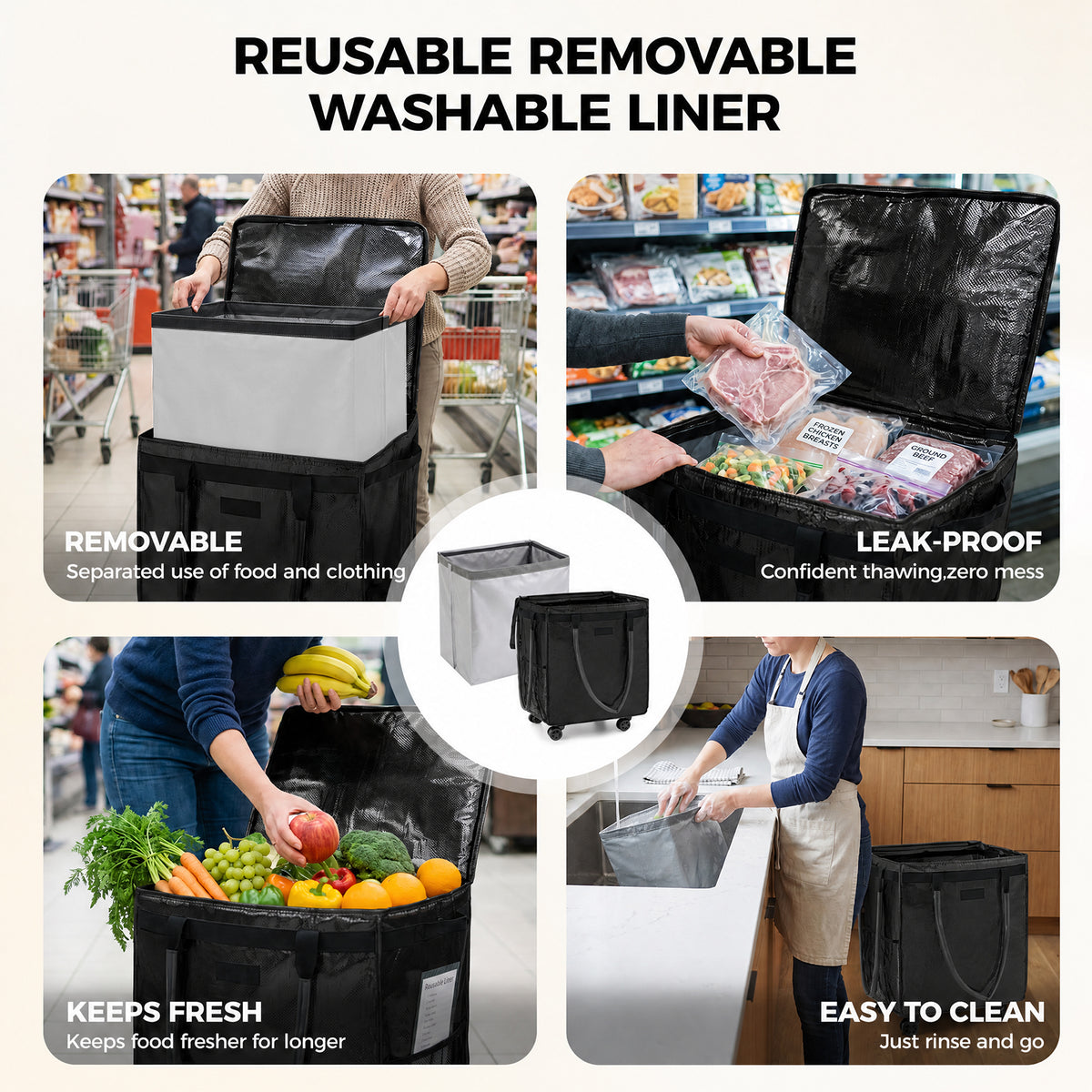 Fegat Reusable Grocery Bag on Wheels,Rolling Tote,Foldable Shopping Bags with Wheels and Handle for Trips, Moving, Laundry, Kitchen