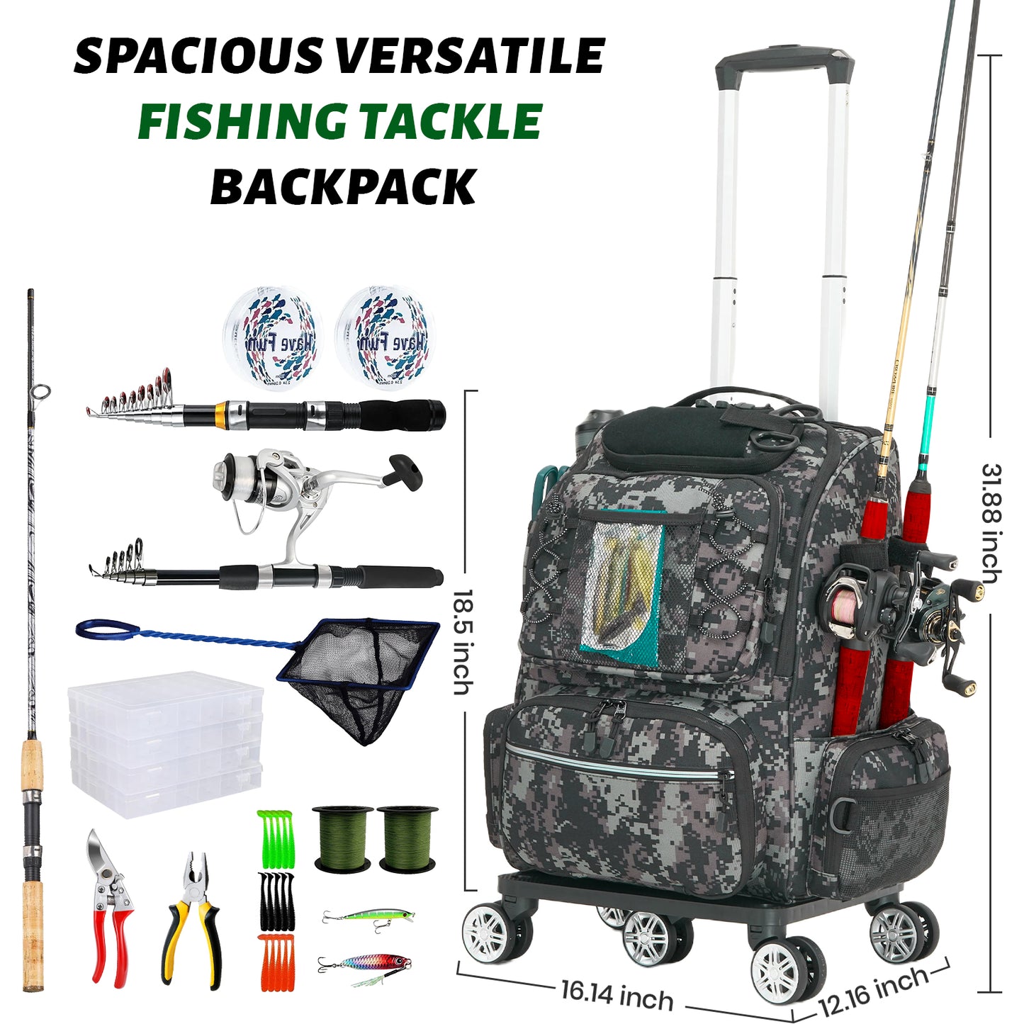 Fegat Rolling Fishing Tackle Backpack with Rod & Gear Holder, 48L Large Wheeled Storage Bag Tackle Boxes Organize Fishing Equipment for Camping,Hunting Gifts for Men Father, Black