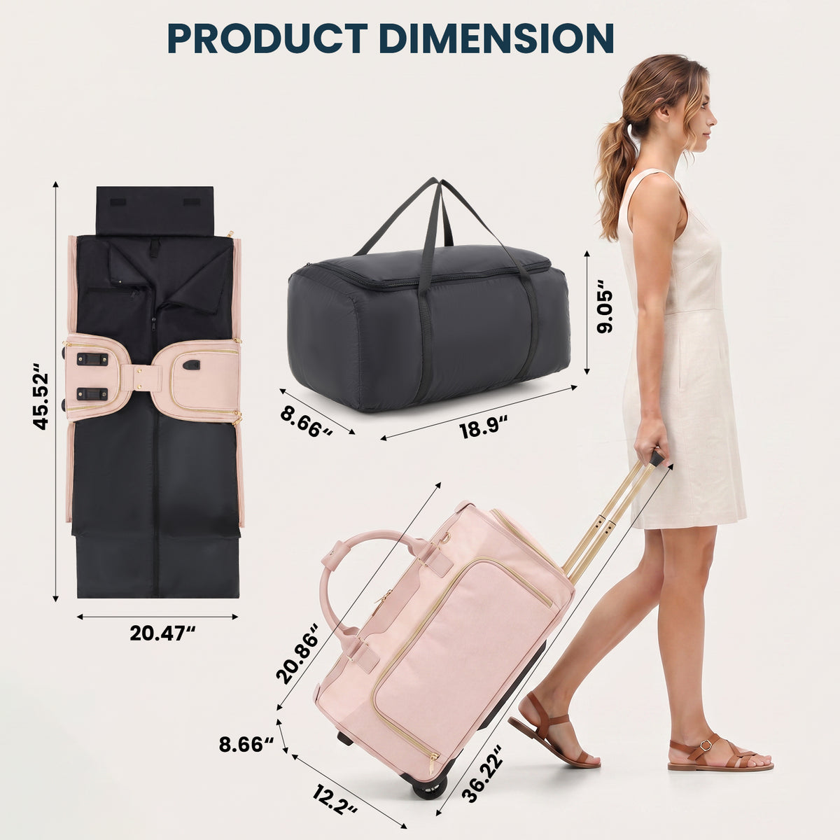 Rolling Garment Bag for Travel,3-in-1 Carry On Luggage with Wheels & Shoe Compartment,Detachable Bag,Large Suitcase Suit Business Duffle Bag,Organize for Suits, Dresses,Gowns
