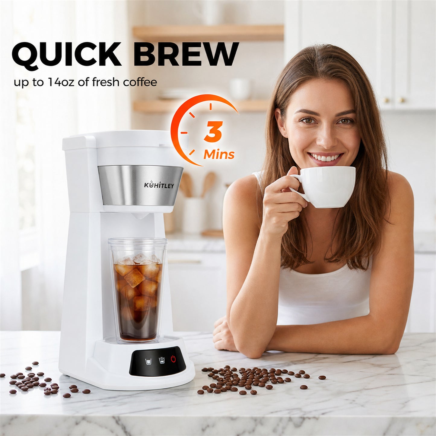 Kuhitley Single Serve Coffee Maker for Grounds,14oz Hot & Iced Coffee Brewer with 420ml Water Cup,700W Compact Machine with Reusable Mesh Filter,One Cup Coffee Maker for Home
