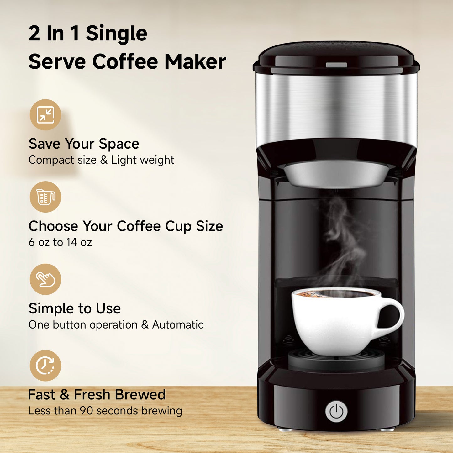MINI Single Serve Coffee Maker, Instant Coffee Maker One Cup for K Cup & Ground Coffee, Portable Capsule Coffee Machine with 6 to 14oz Reservoir, 90 Seconds Fast Brewing and One Button Operation