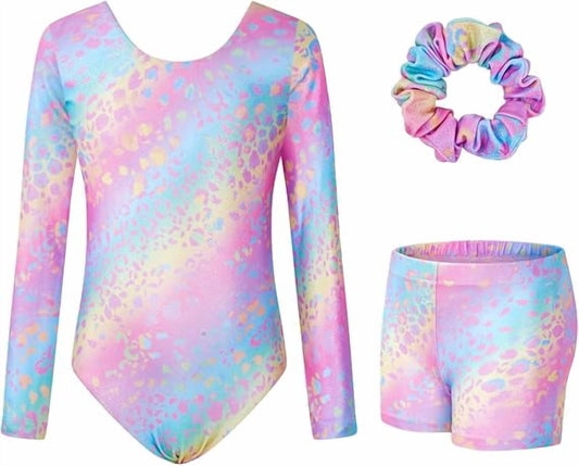 Girl Gymnastic Wear 3PC Long Sleeve Sparkly with Shorts for Tumbling Outfits Dance Gymnastics Gifts for Girls Size 3-12 Pink