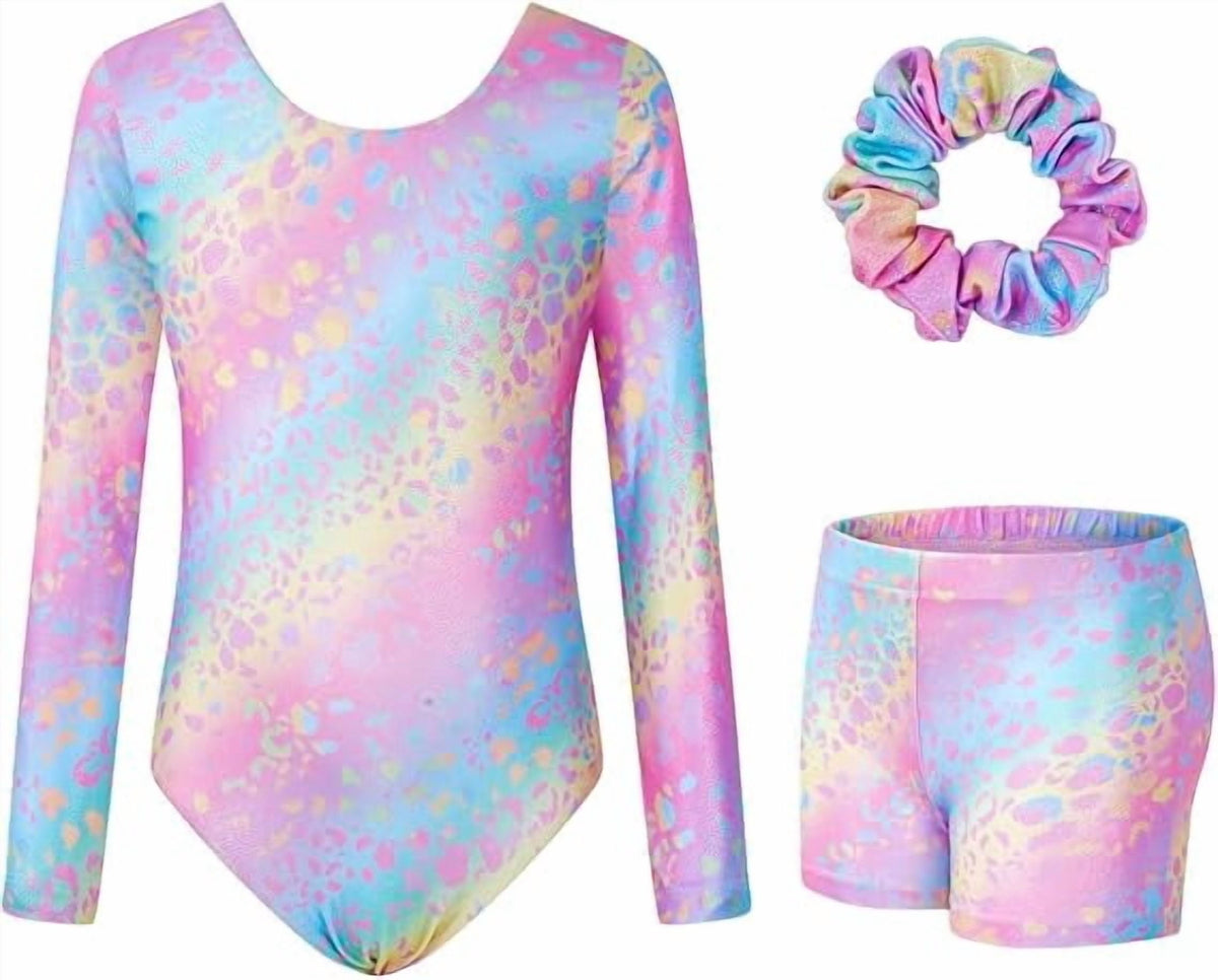 Girl Gymnastic Wear 3PC Long Sleeve Sparkly with Shorts for Tumbling Outfits Dance Gymnastics Gifts for Girls Size 3-12 Pink