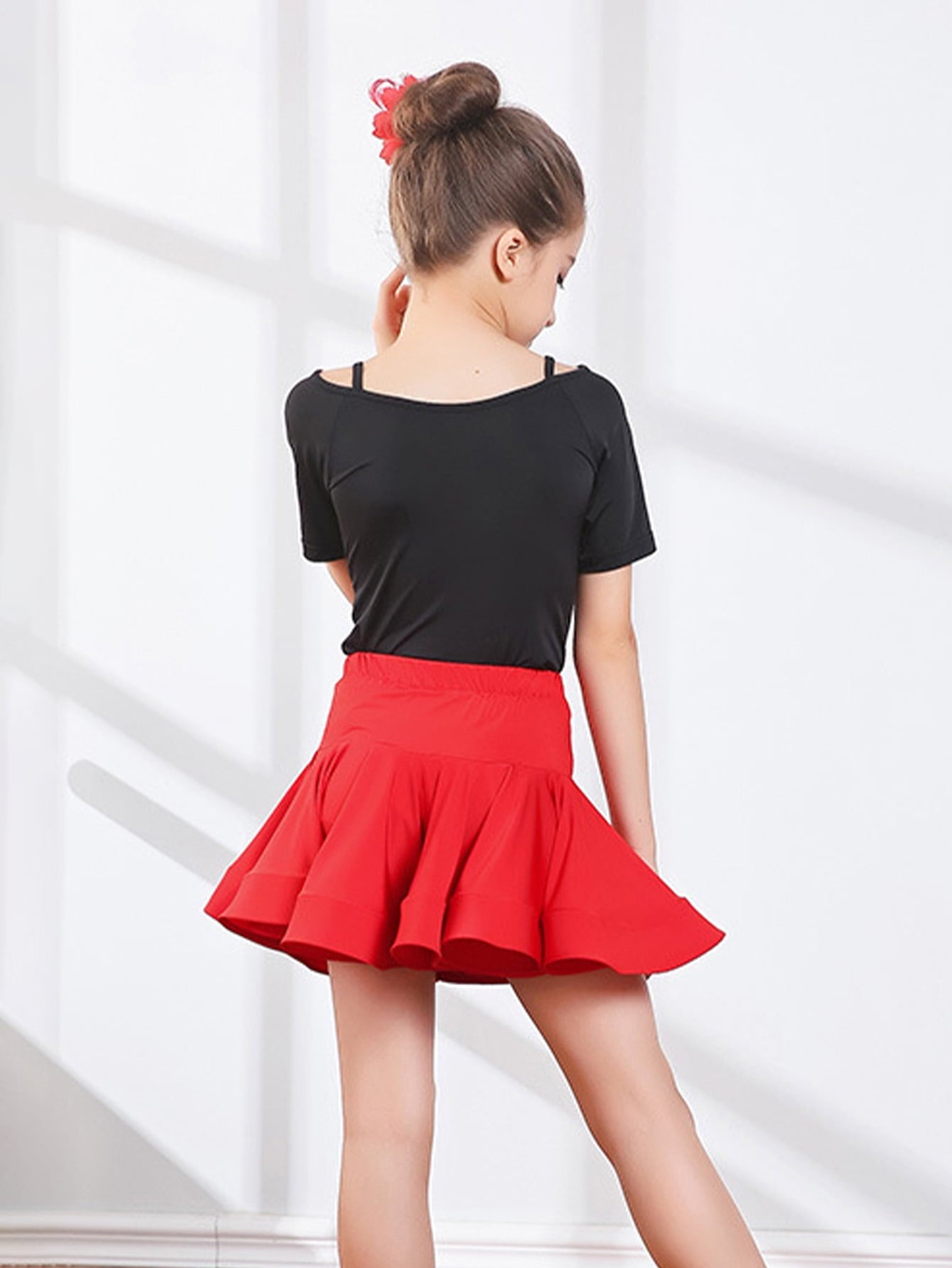 Girls Latin Dance Skirt with Built - in Shorts, Red Flared Hem Skirt for Dance Practice & Performance