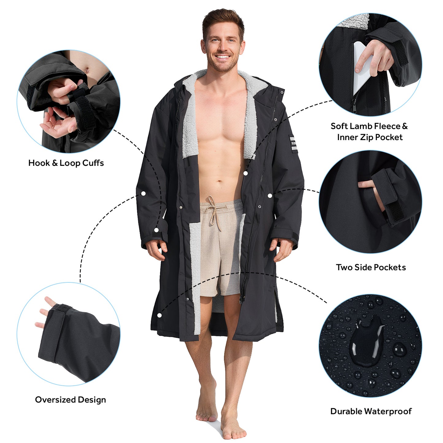 Lobmouse Unisex Swim Parka,Sherpa Fleece Lined Warm Coat,Windproof Waterproof Quick-dry Hooded Swim Jacket,Oversize Surf Poncho Changing Robe Parka for Adult & Kids