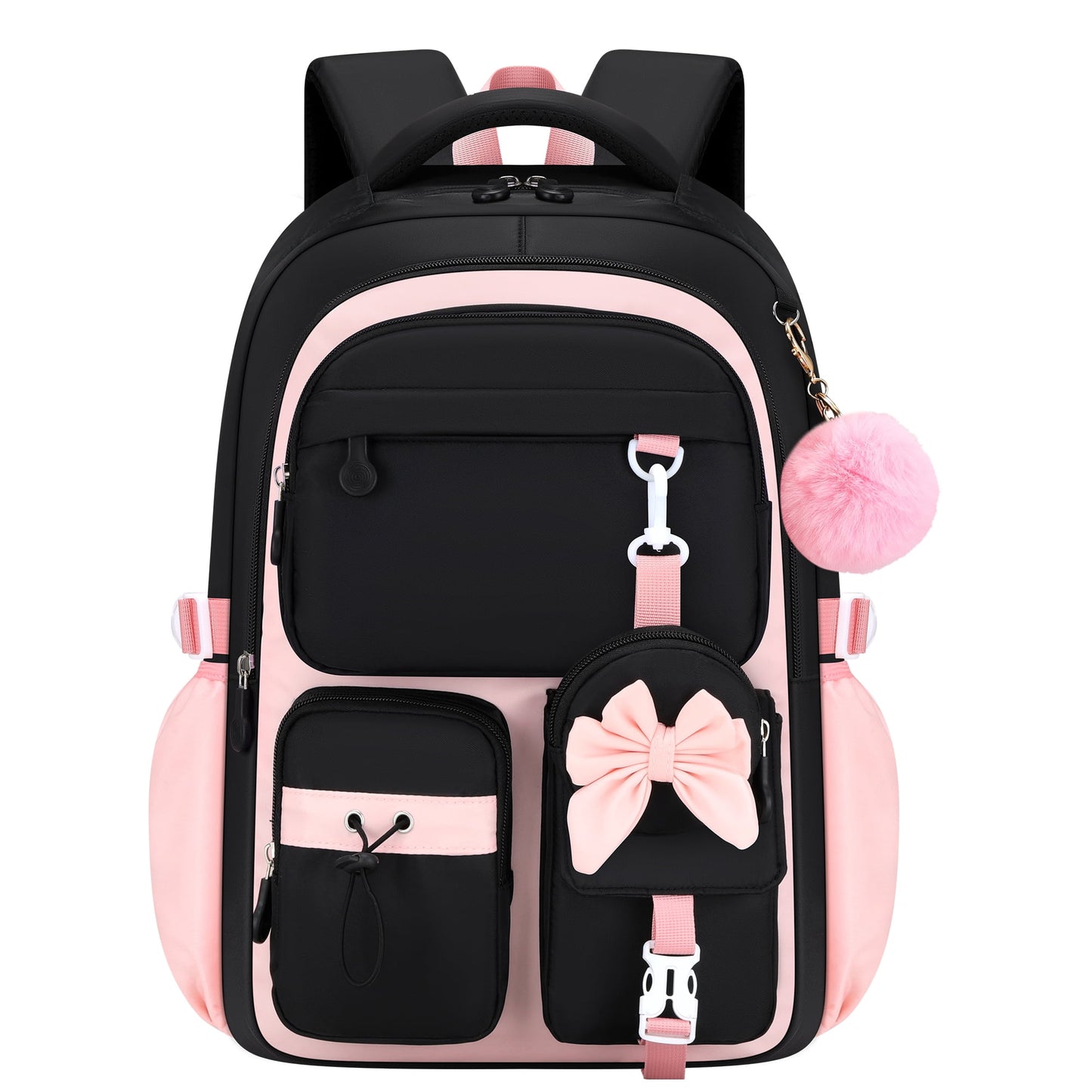 Girls School Backpack for Grades 1-5, Lightweight Waterproof Bookbag with Reflective Straps, School Bag with Coin Purse & Cute Pendant Middle School