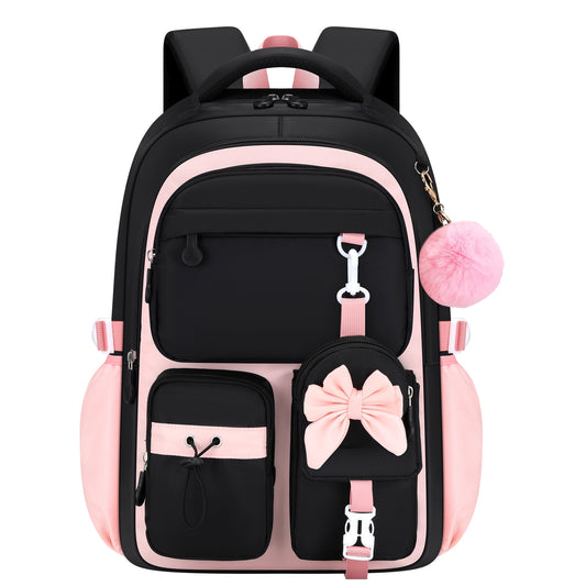Girls School Backpack for Grades 1-5, Lightweight Waterproof Bookbag with Reflective Straps, School Bag with Coin Purse & Cute Pendant Middle School