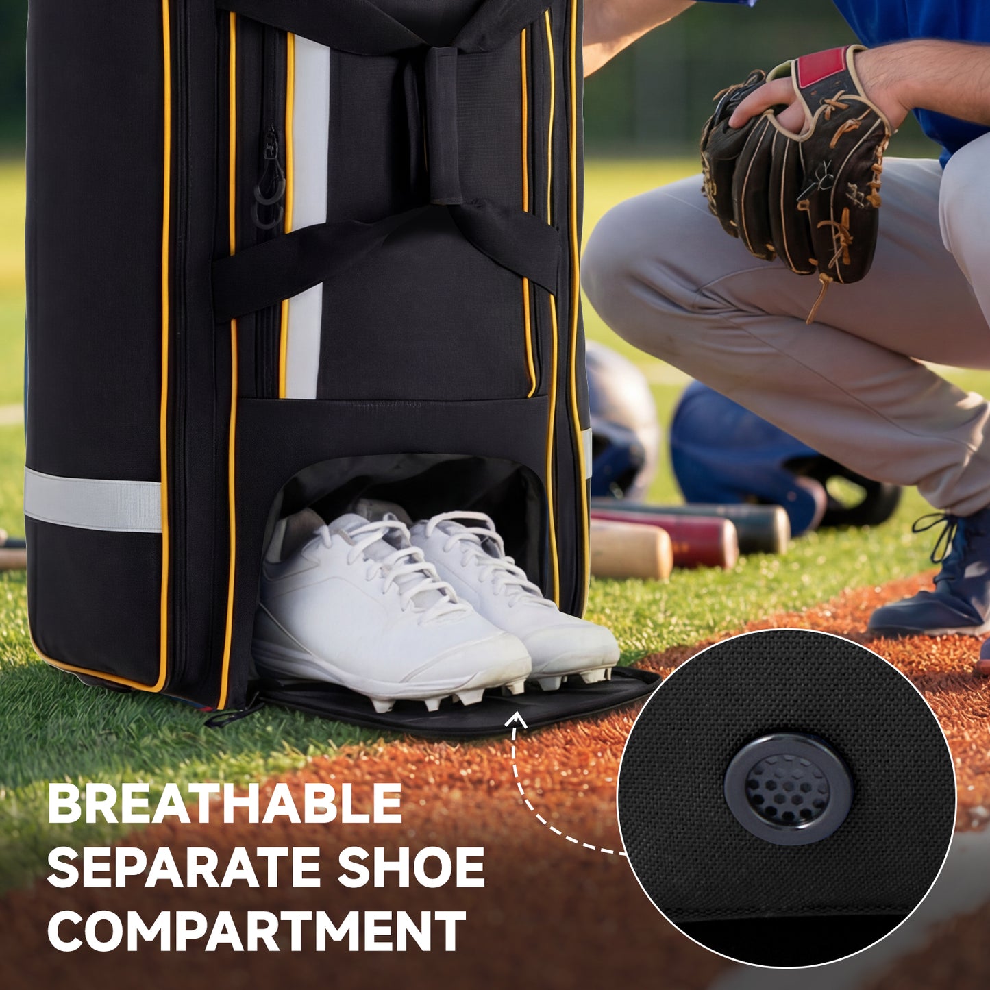 Fegat Rolling Baseball Bag with Wheels,90L Large Softball Bag Catchers Gear Bags for 8 Bats,Equipment Bag with 5 Fence Hooks,Reflective Strip,Shoe Compartment,Holds All Softball Baseball Equipment