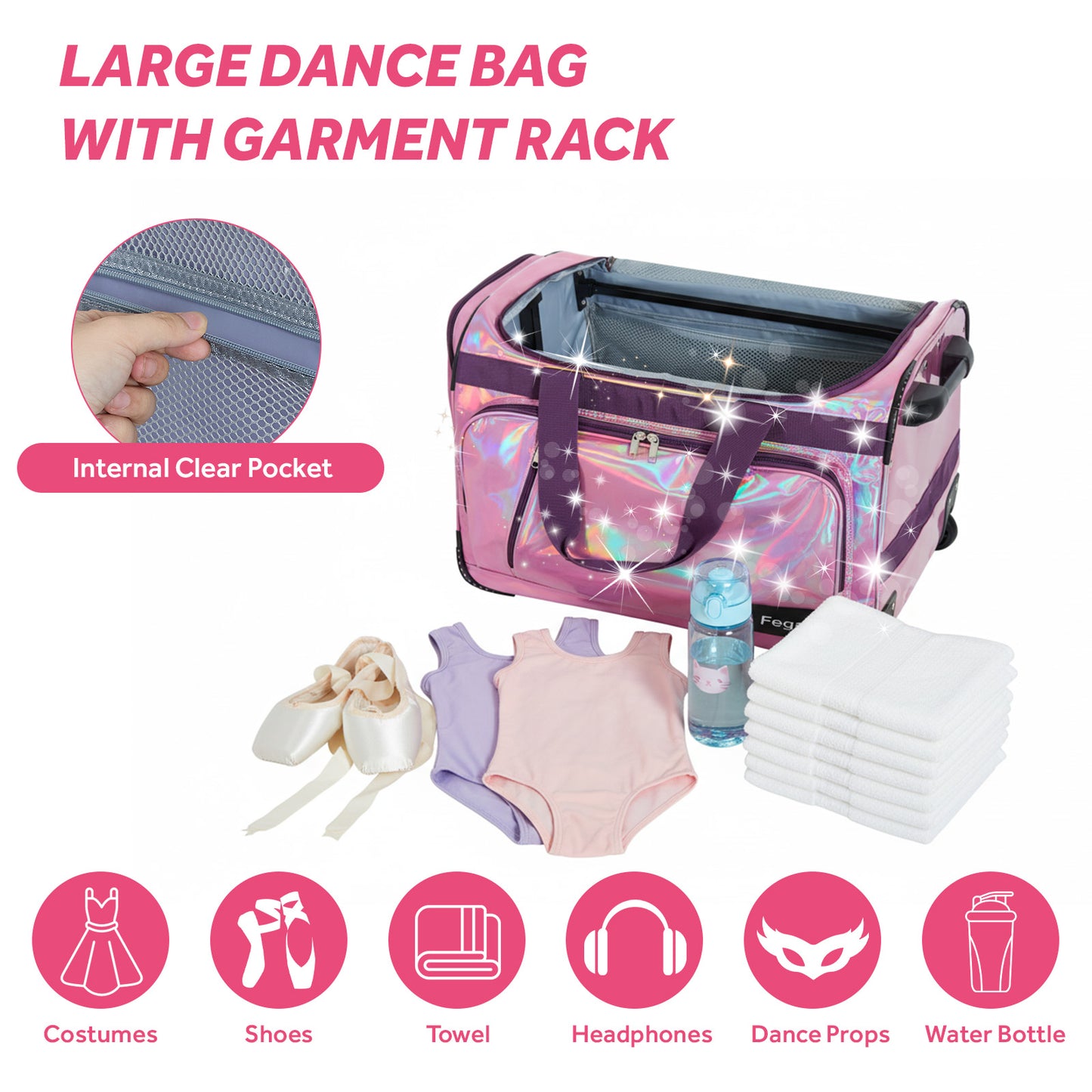 Fegat Dance Bag with Garment Rack, 23" Glittering Rolling Dance Competition Bag Prism-Glowing Waterproof Dance Duffel Bag Costume Suitcase for Dancers Performer Artist,Sparkle Purple