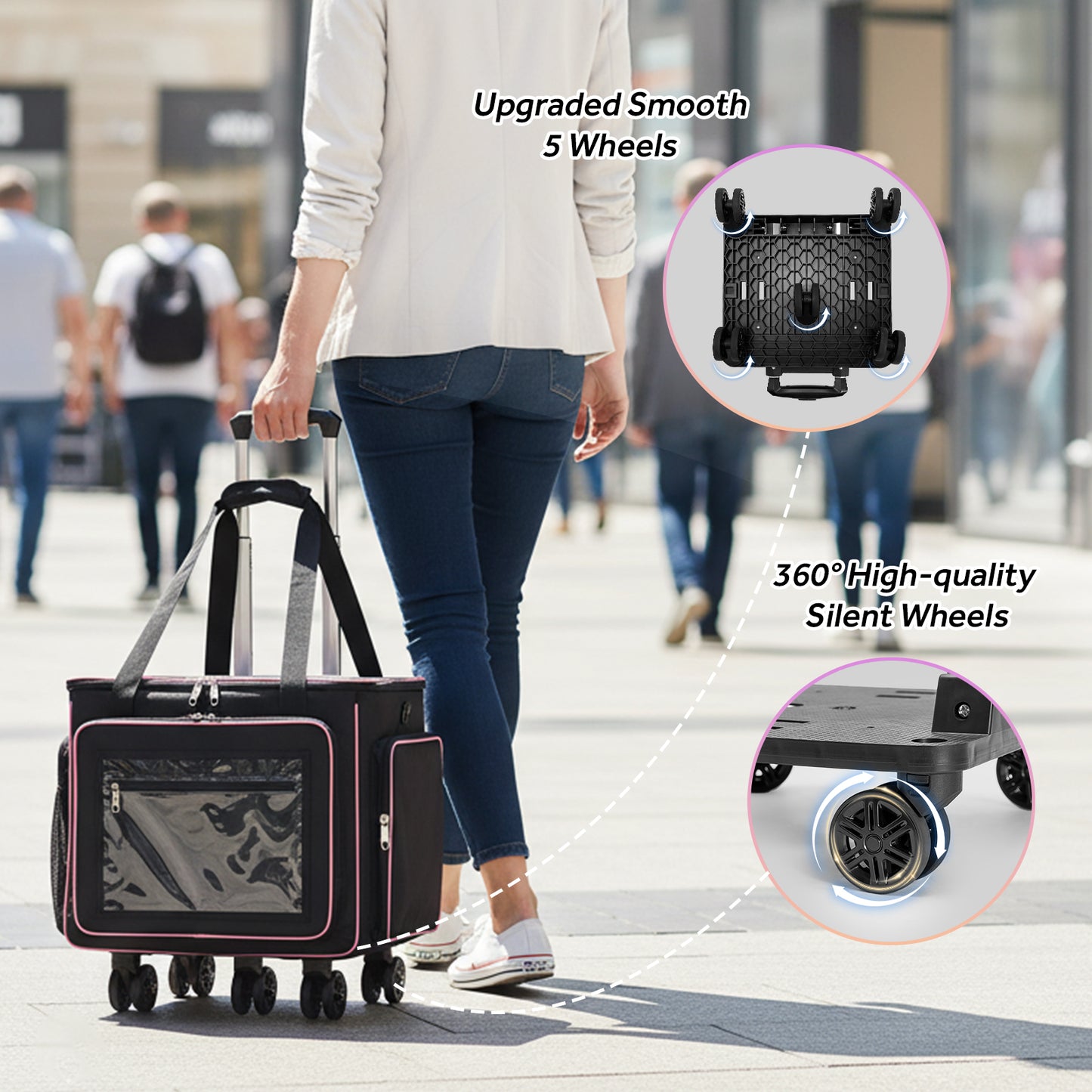 Fegat Rolling Craft Bag,Large Rolling Teacher Tote Bag with Laptop Compartment,Detachable Dolly,Roller Scrapbook Tote Bag Sewing Machine Storage Tote for Women,Craft,Teaching,Office, 5 Wheels, 17.3"