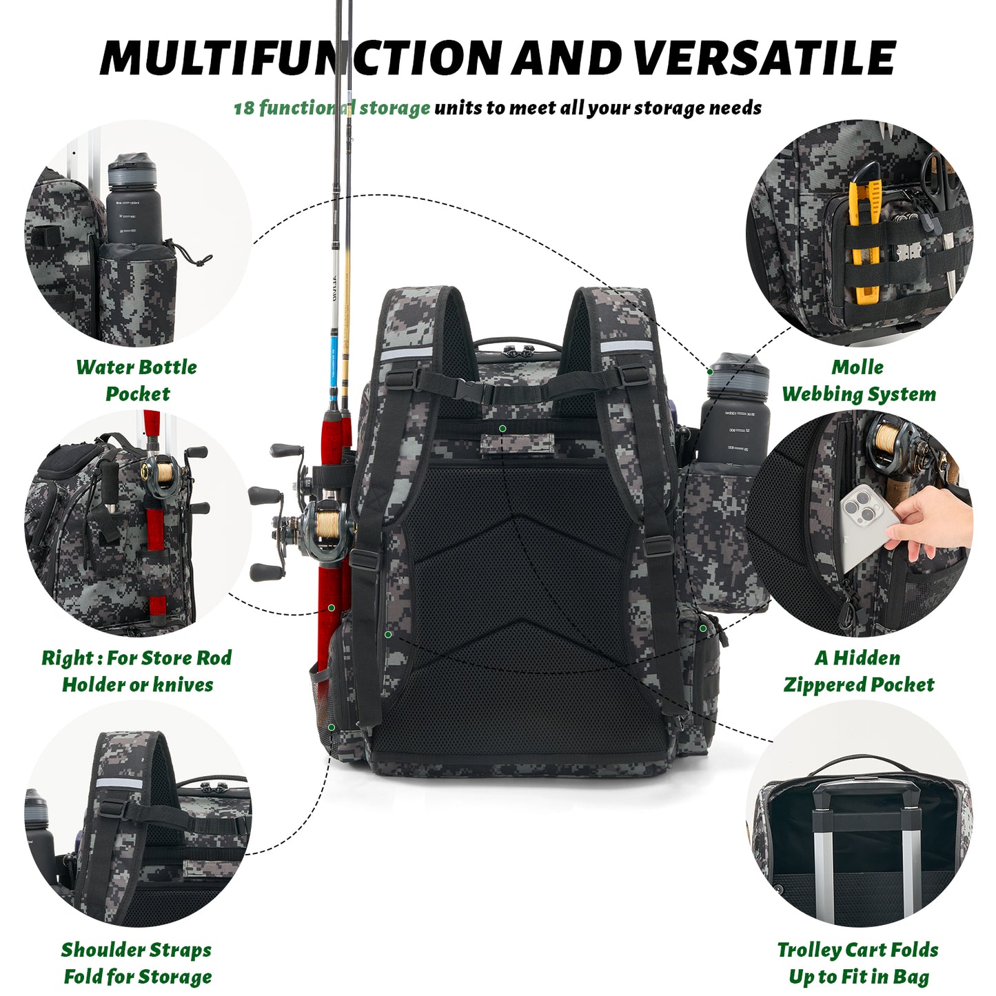 Fegat Rolling Fishing Tackle Backpack with Rod & Gear Holder, 48L Large Wheeled Storage Bag Tackle Boxes Organize Fishing Equipment for Camping,Hunting Gifts for Men Father, Black