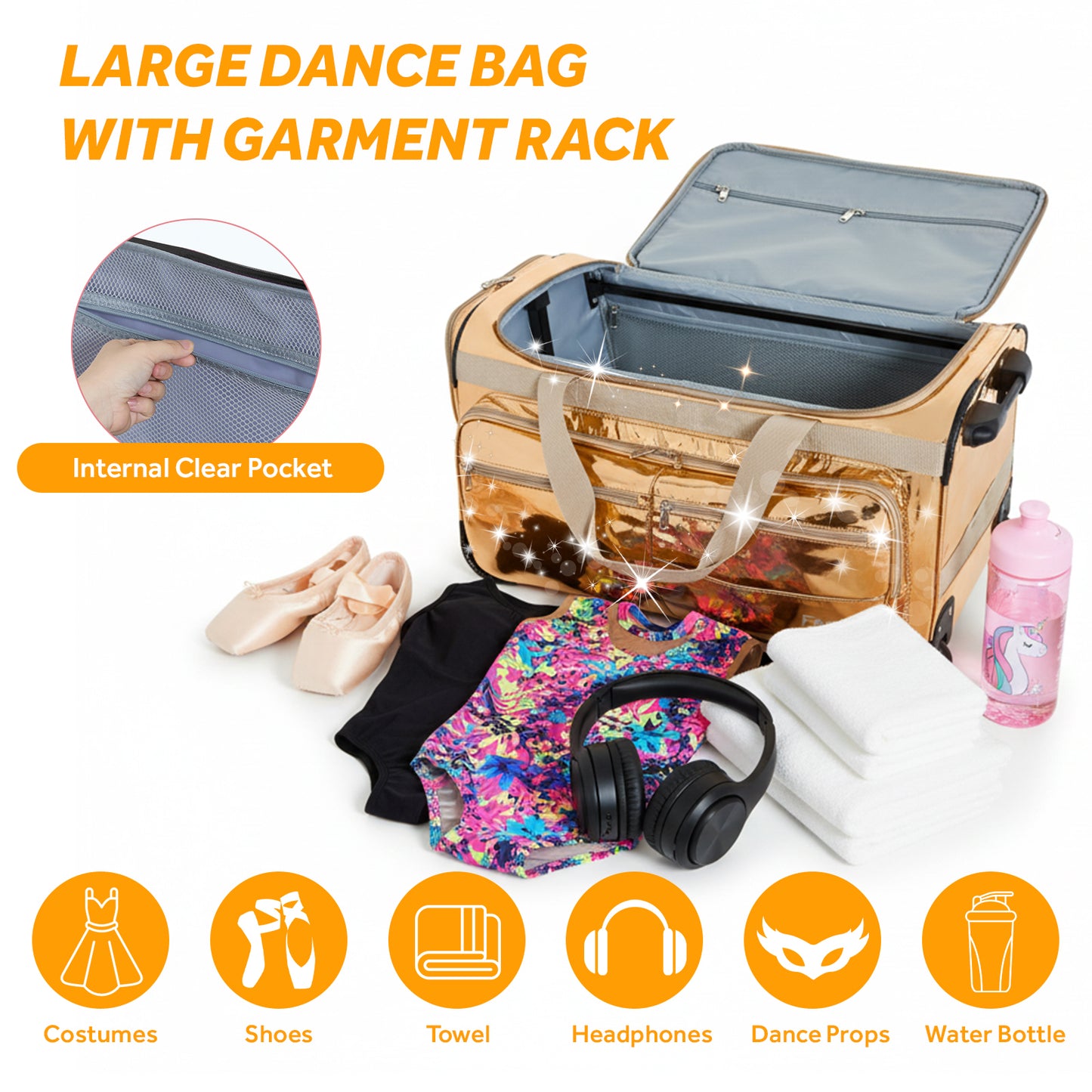 Fegat 28" Dance Bag with Garment Rack,Upgraded Glitter Rolling Competition Dance Duffel Bag Waterproof Costume Travel Bag Costume Suitcase for Dancer Performer Athletes,Gold