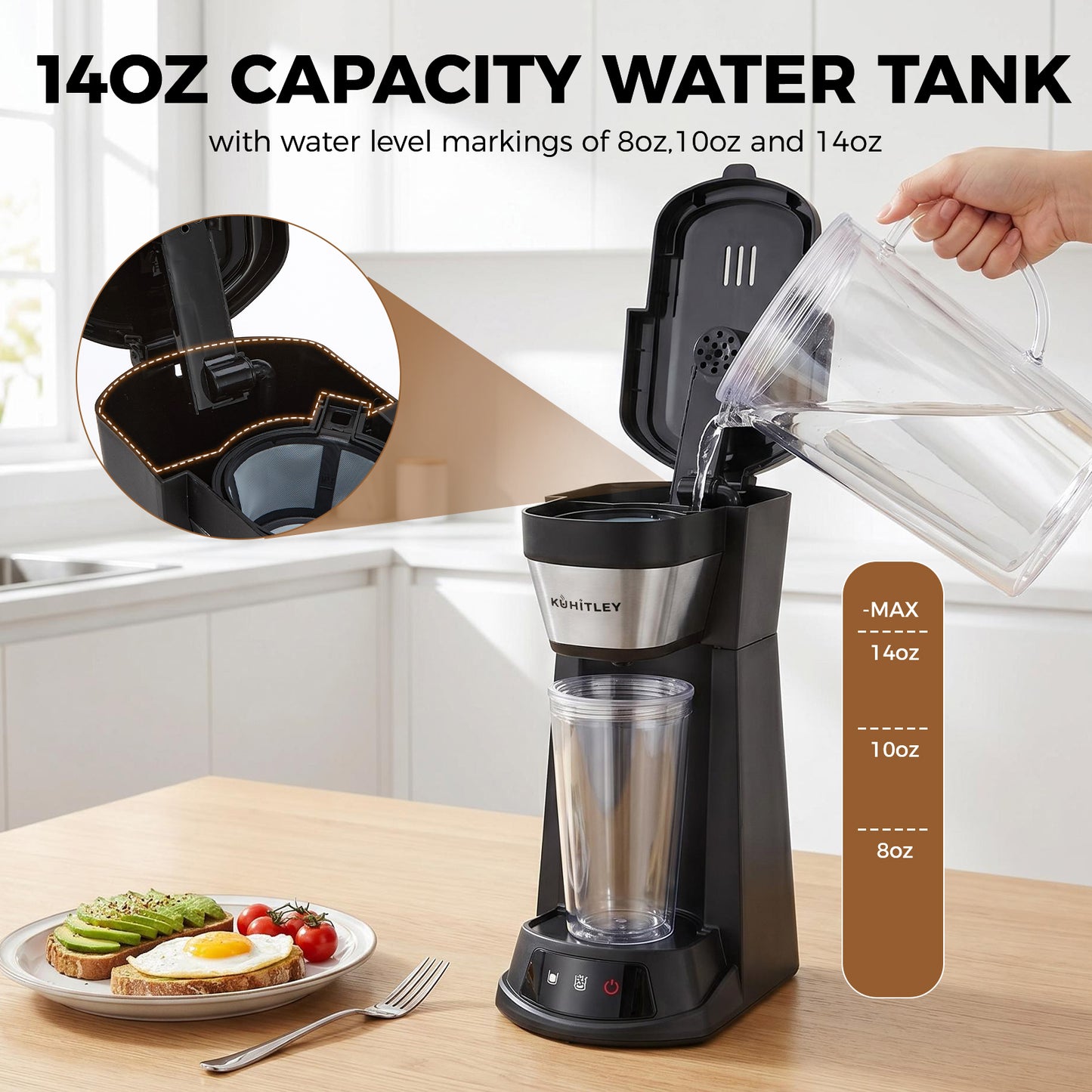 Kuhitley Single Serve Coffee Maker for Grounds,14oz Hot & Iced Coffee Brewer with 420ml Water Cup,700W Compact Machine with Reusable Mesh Filter,One Cup Coffee Maker for Home