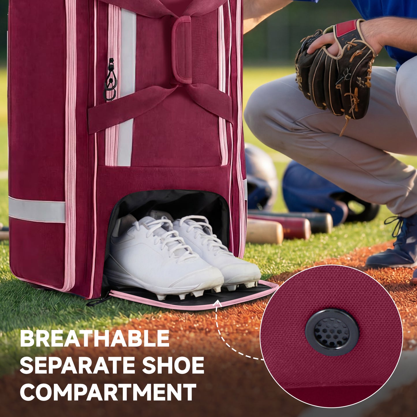 Fegat Rolling Baseball Bag with Wheels,90L Large Softball Bag Catchers Gear Bags for 8 Bats,Equipment Bag with 5 Fence Hooks,Reflective Strip,Shoe Compartment,Holds All Softball Baseball Equipment
