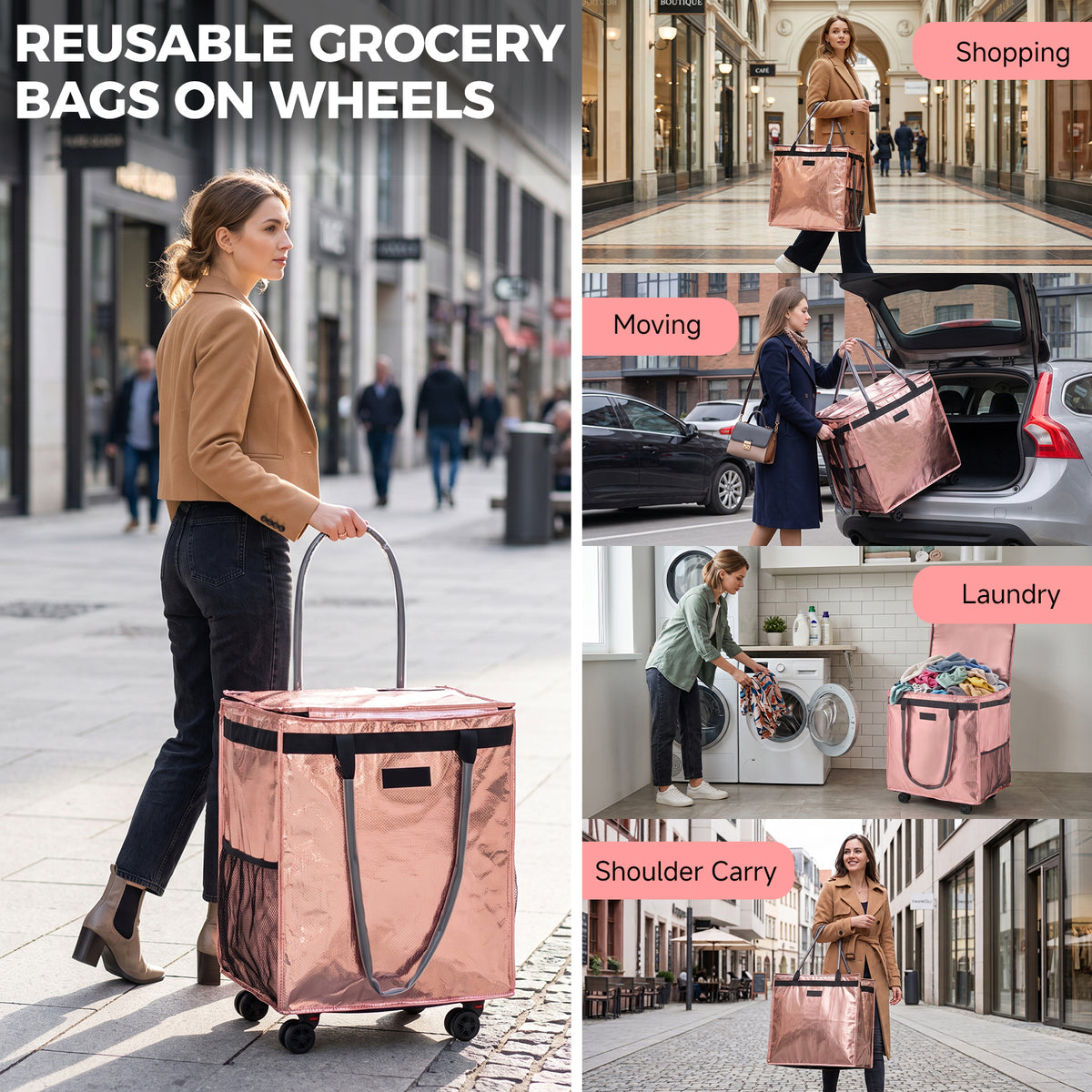 Fegat Reusable Grocery Bag on Wheels,Rolling Tote,Foldable Shopping Bags with Wheels and Handle for Trips, Moving, Laundry, Kitchen
