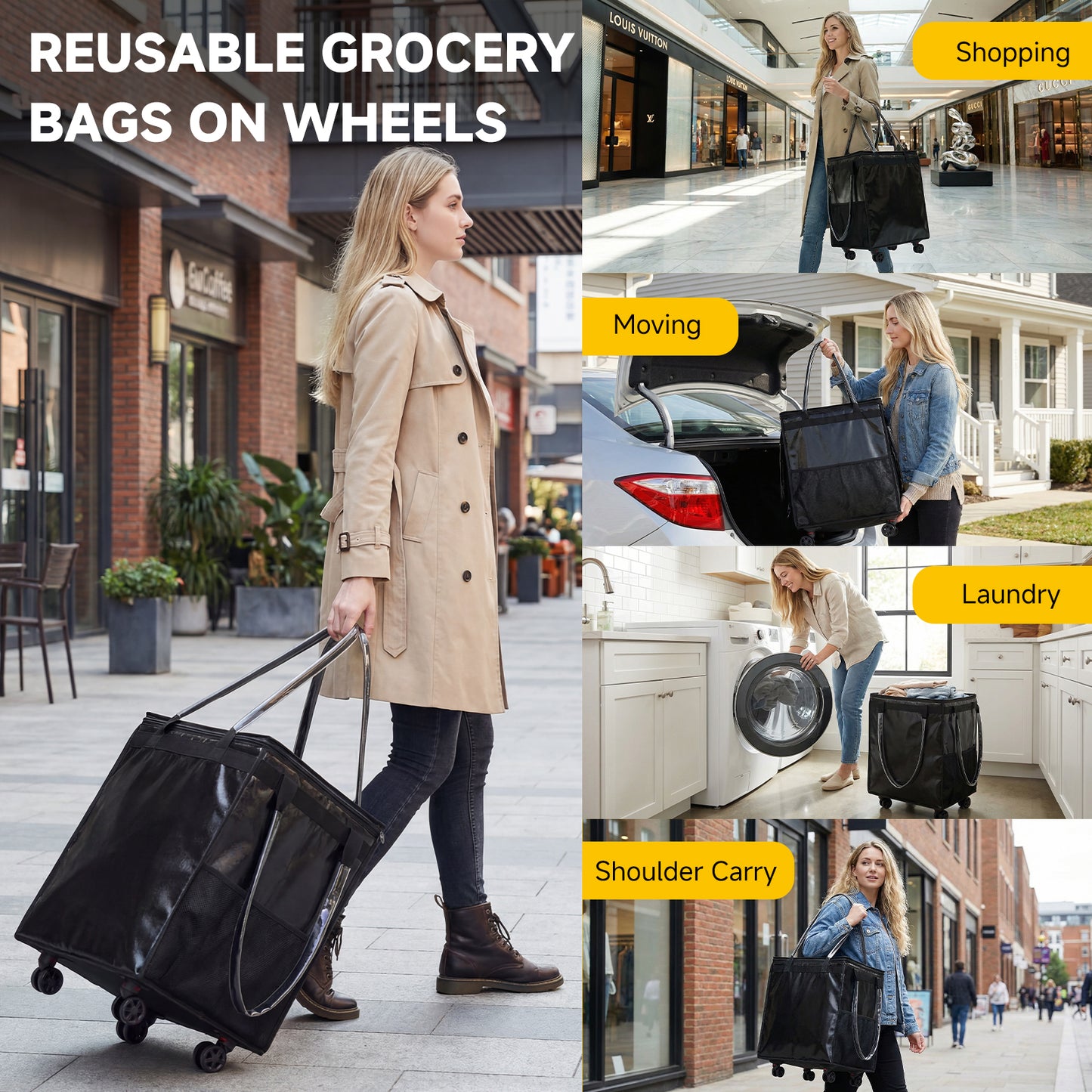 Fegat Reusable Grocery Bag on Wheels,Foldable Rolling Tote,Large Shopping Bags with Wheels and Handle,Water-resistant Shopping Trolley for Trips, Moving,Laundry,Kitchen(Black)