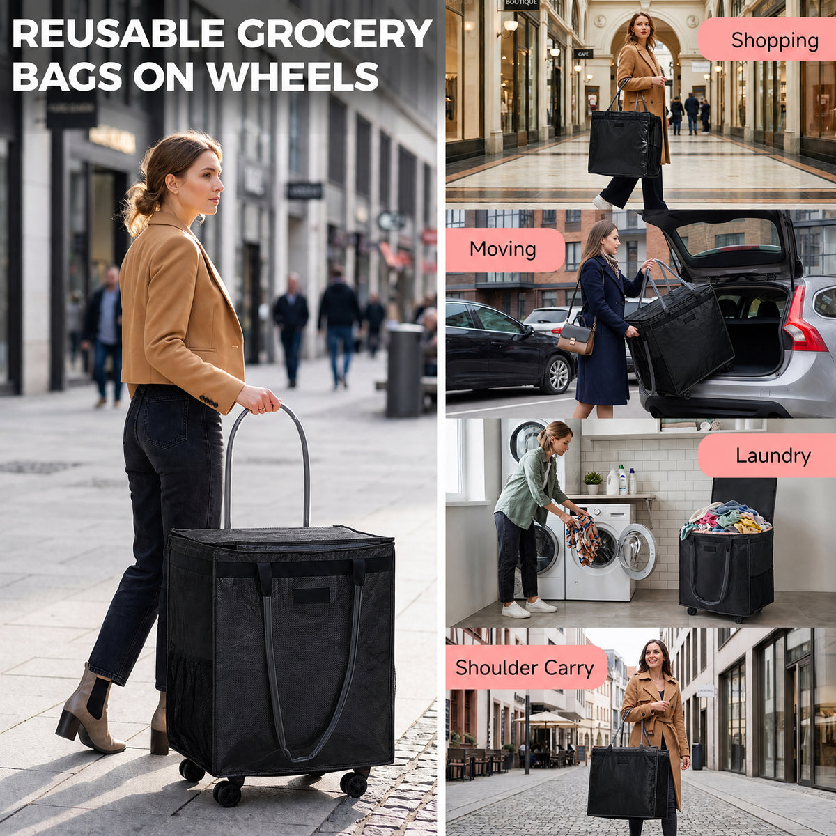 Fegat Reusable Grocery Bag on Wheels,Rolling Tote,Foldable Shopping Bags with Wheels and Handle for Trips, Moving, Laundry, Kitchen