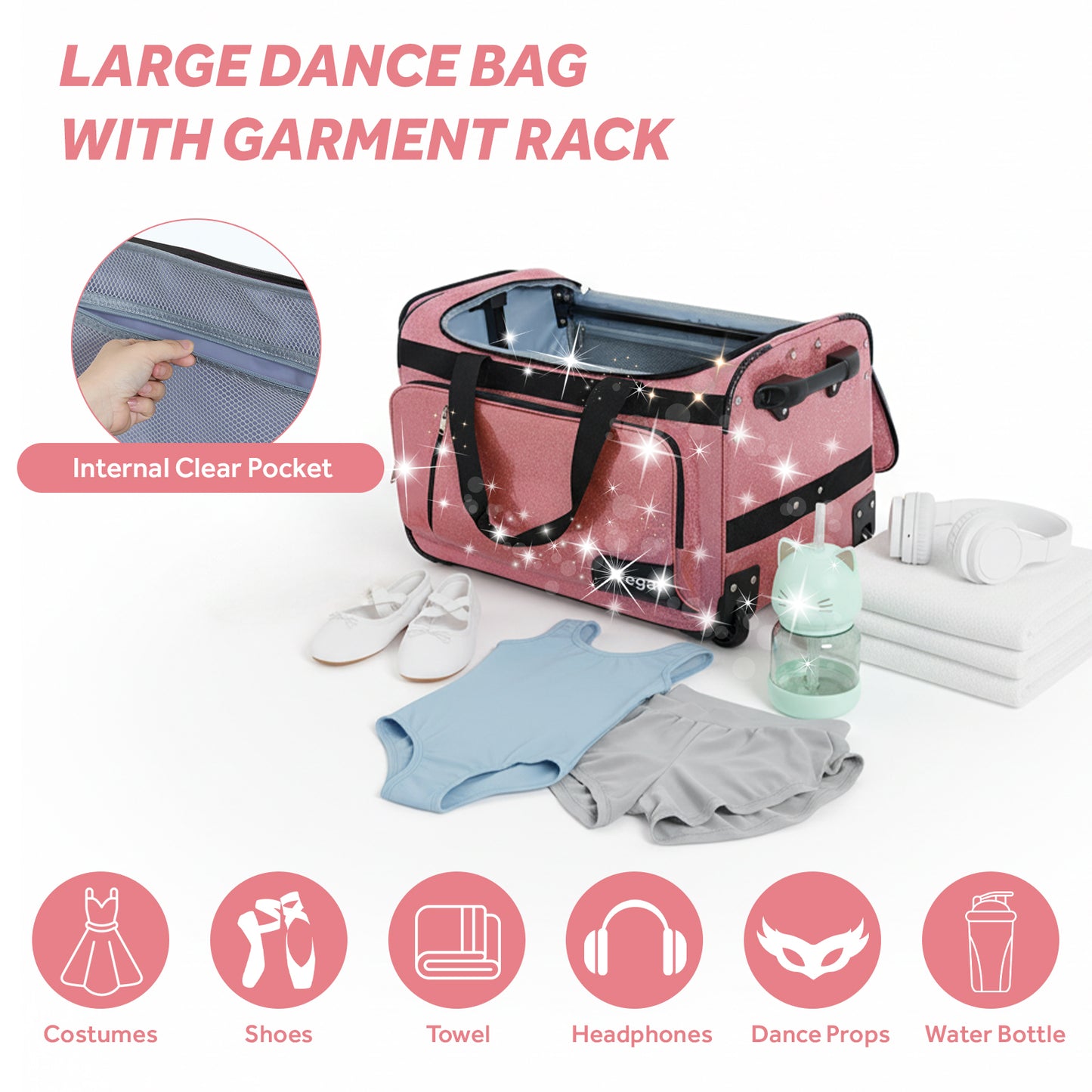 Fegat Dance Bag with Garment Rack-23"Glittering Rolling Competition Dance Travel Duffel Bag Lightweight Dance Bags for Cheerleader Dancers Athletes