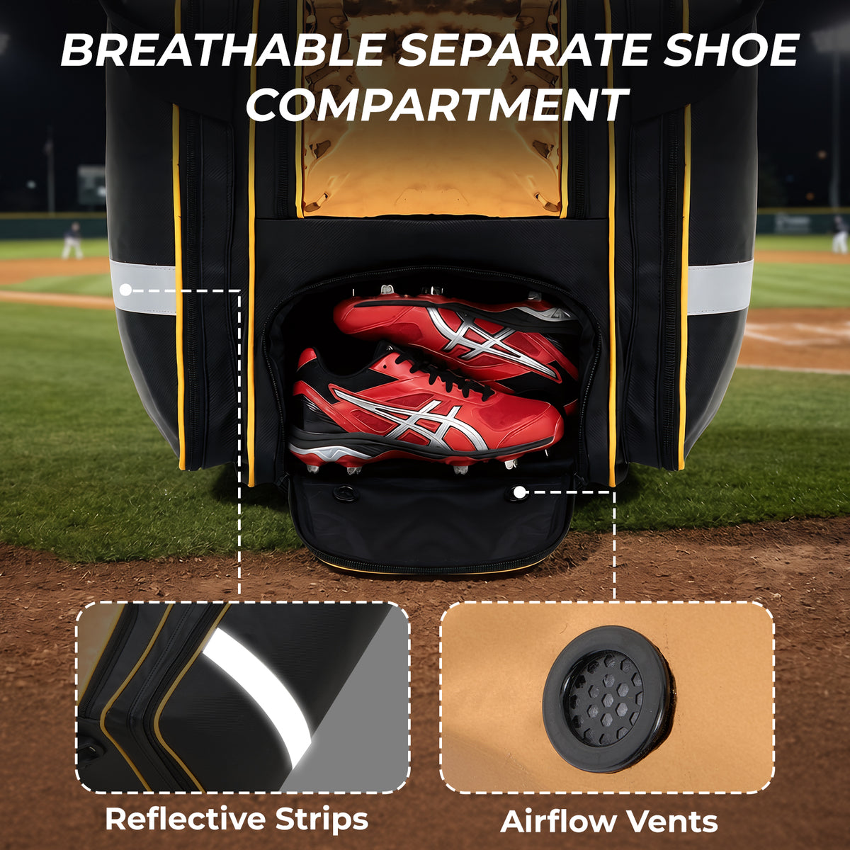 Fegat 100L Rolling Baseball Bag, Newly Catchers Gear Bag for Baseball Softball, Portable Waterproof Equipment Bag Holds 8 Bats, Stand-Up Base, Reflective Strip, Fence Hooks