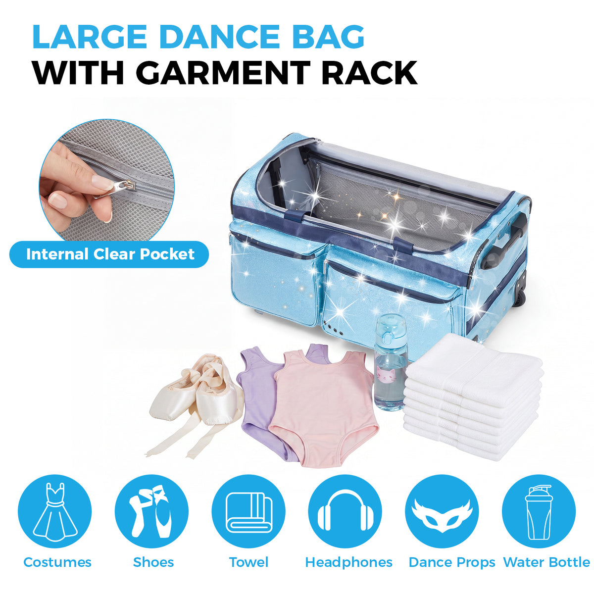 Fegat Dance Bag with Garment Rack, 23" Glittering Rolling Dance Competition Bag Prism-Glowing Waterproof Dance Duffel Bag Costume Suitcase for Dancers Performer Artist,Sparkle Blue