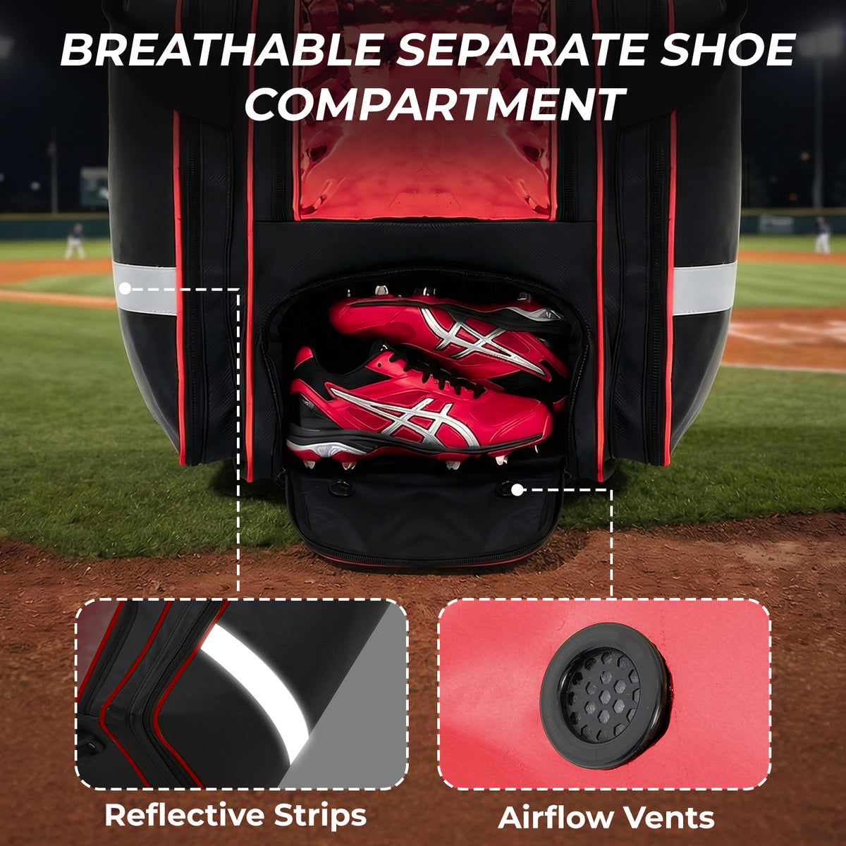 Fegat 100L Rolling Baseball Bag, Newly Catchers Gear Bag for Baseball Softball, Portable Waterproof Equipment Bag Holds 8 Bats, Stand-Up Base, Reflective Strip, Fence Hooks
