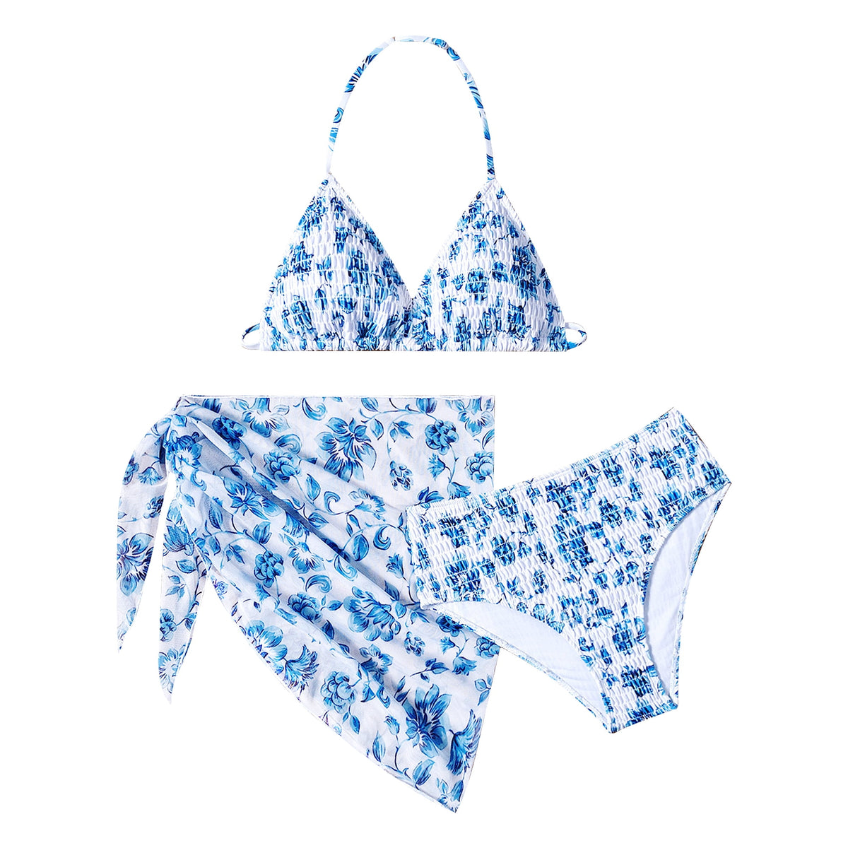 Girls Swimsuits with Cover Up Skirt 3 Piece Halter Triangle Bathing Suits Bikini Set for Size 8-12