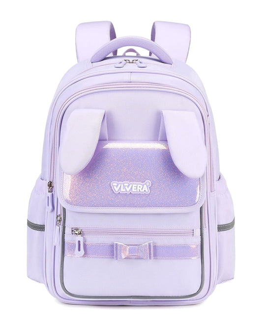 Girls School Backpack for Grades 1-3,Lightweight Water-Repellent Bookbag with 3D Bunny Ears,School Bag with Reflective Stripes,Purple