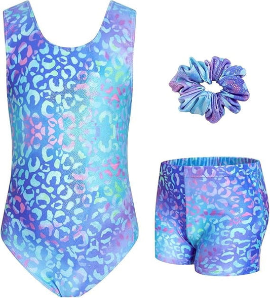 Girls Gymnastics Leotards Sleeveless U Shape Neck, Sparkly Dance Unitards with Shorts and Hair Toddler Leotard for 3-12 Years