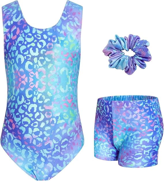 Girls Gymnastics Leotards Sleeveless U Shape Neck, Sparkly Dance Unitards with Shorts and Hair Toddler Leotard for 3-12 Years