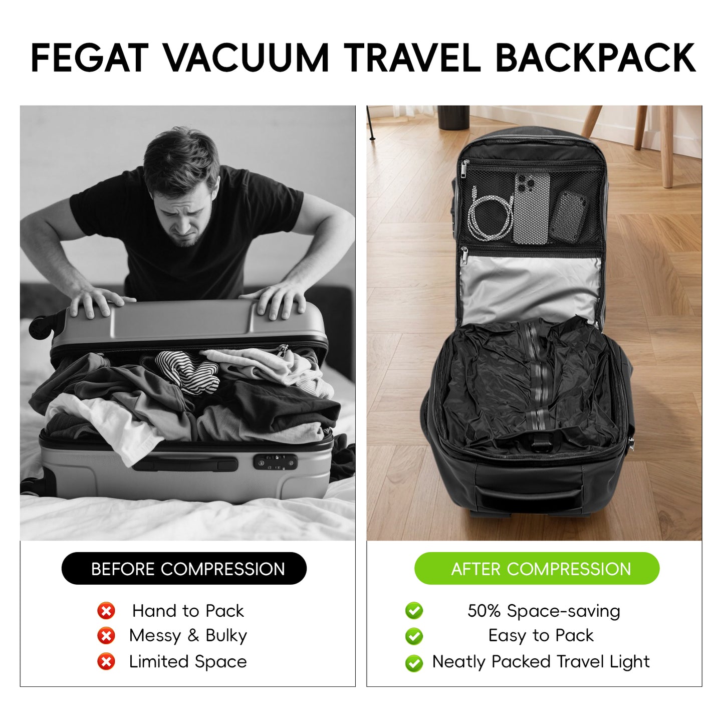 Fegat Vacuum Backpack for Travel,60L Expandable Compression Bag with Pump & TSA Lock,Vacuum Seal Backpack Flight Approved,Airbag Personal Item Carry on Backpacks for Travel Business