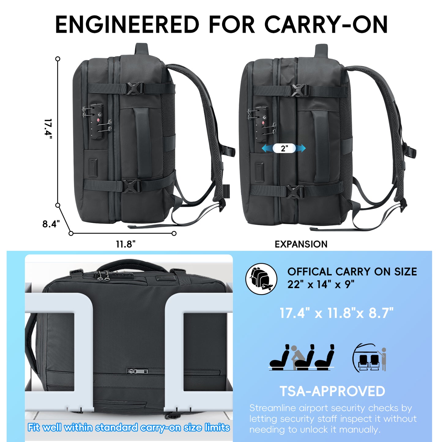 Fegat Vacuum Backpack for Travel,60L Expandable Compression Bag with Pump & TSA Lock,Vacuum Seal Backpack Flight Approved,Airbag Personal Item Carry on Backpacks for Travel Business
