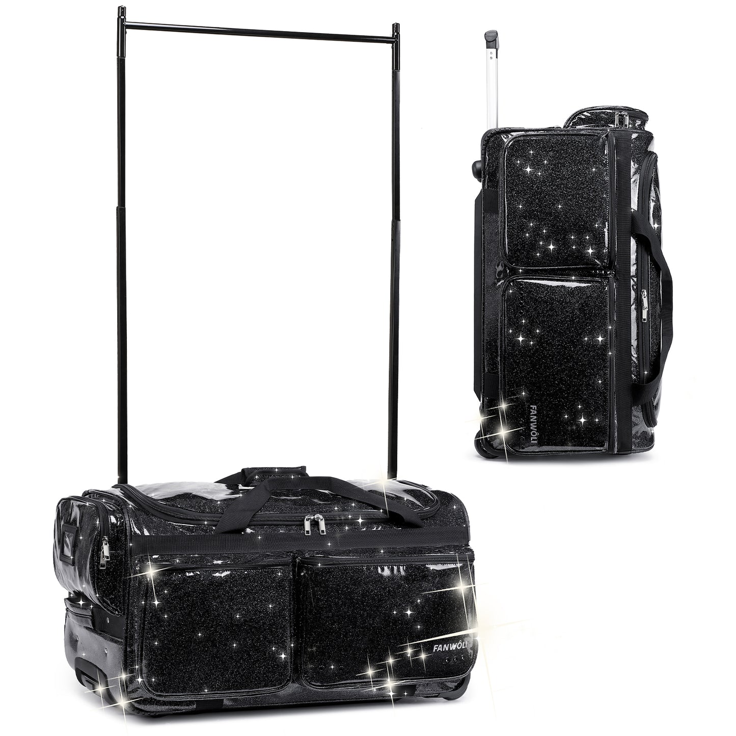 Fegat 28" Dance Bag with Garment Rack,Upgraded Collapsible Glittering Rolling Competition Dance Duffle Bag Lightweight Wear-Resistant Costume Wheeled Suitcase for Dancers Shows,Black