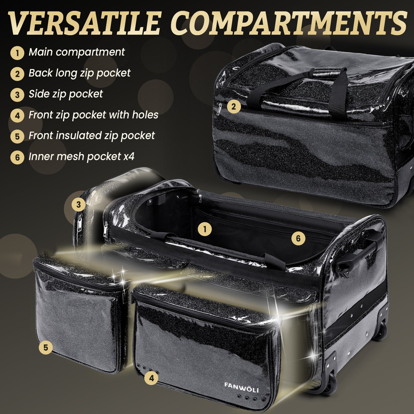 Fegat 28" Dance Bag with Garment Rack,Upgraded Collapsible Glittering Rolling Competition Dance Duffle Bag Lightweight Wear-Resistant Costume Wheeled Suitcase for Dancers Shows,Black