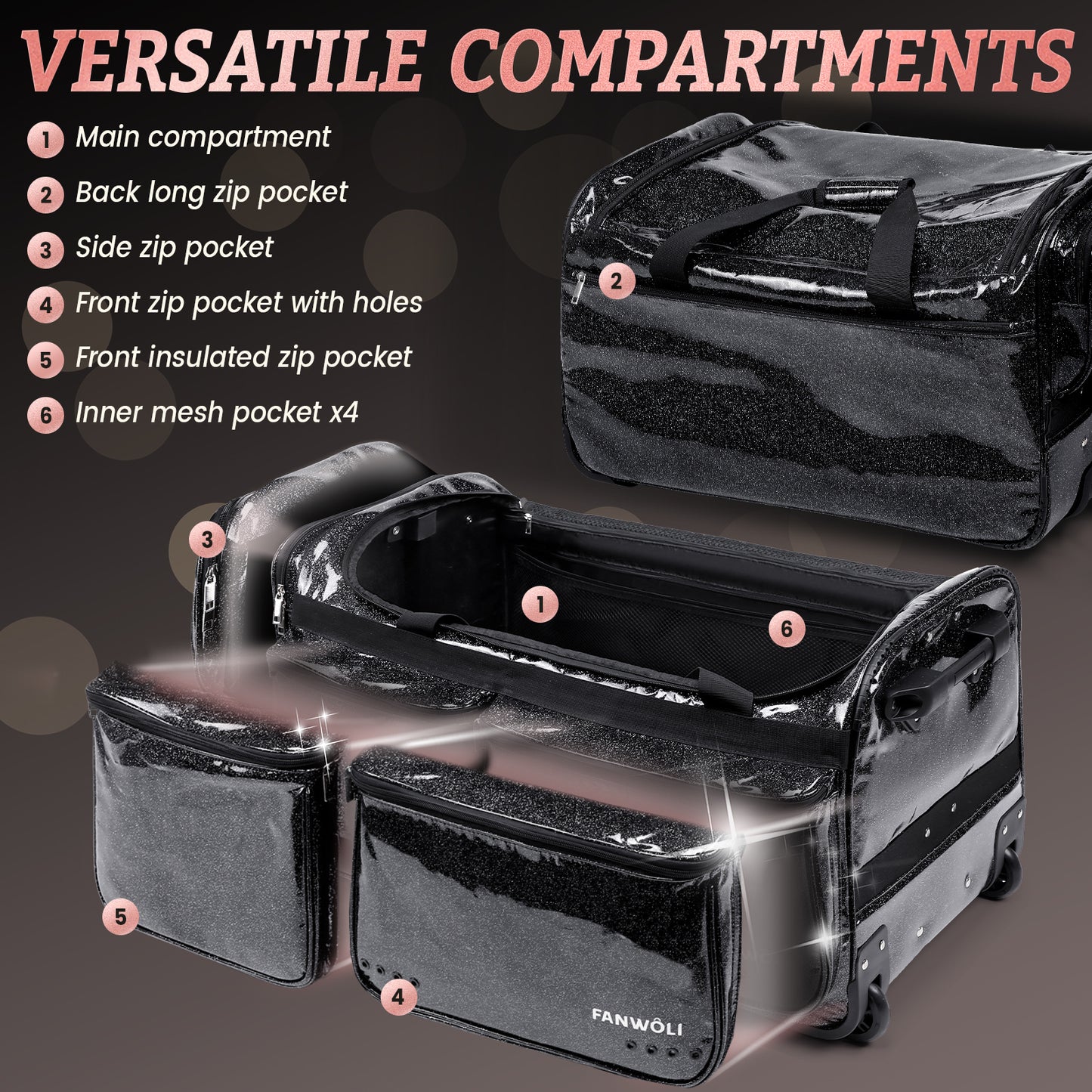 Fegat 28" Dance Bag with Garment Rack,Upgraded Collapsible Glittering Rolling Competition Dance Duffle Bag Lightweight Wear-Resistant Costume Wheeled Suitcase for Dancers Shows,Black