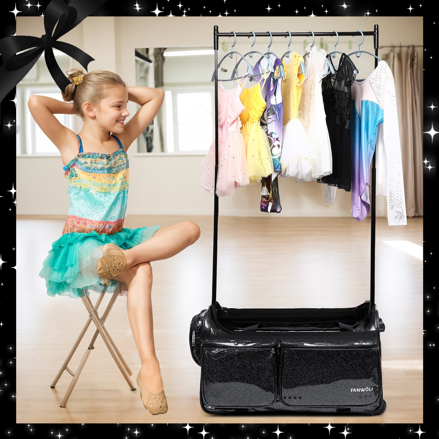 Fegat 28" Dance Bag with Garment Rack,Upgraded Collapsible Glittering Rolling Competition Dance Duffle Bag Lightweight Wear-Resistant Costume Wheeled Suitcase for Dancers Shows,Black