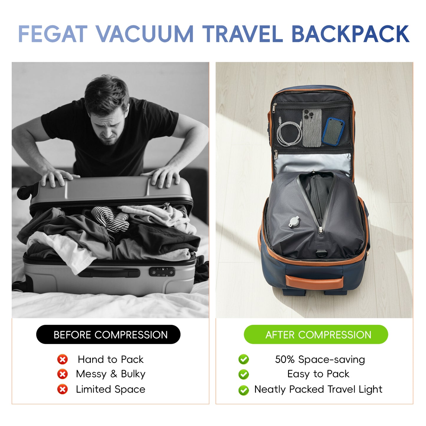Fegat Vacuum Backpack for Travel,60L Expandable Compression Bag with Pump & TSA Lock,Vacuum Seal Backpack Flight Approved,Airbag Personal Item Carry on Backpacks for Travel Business