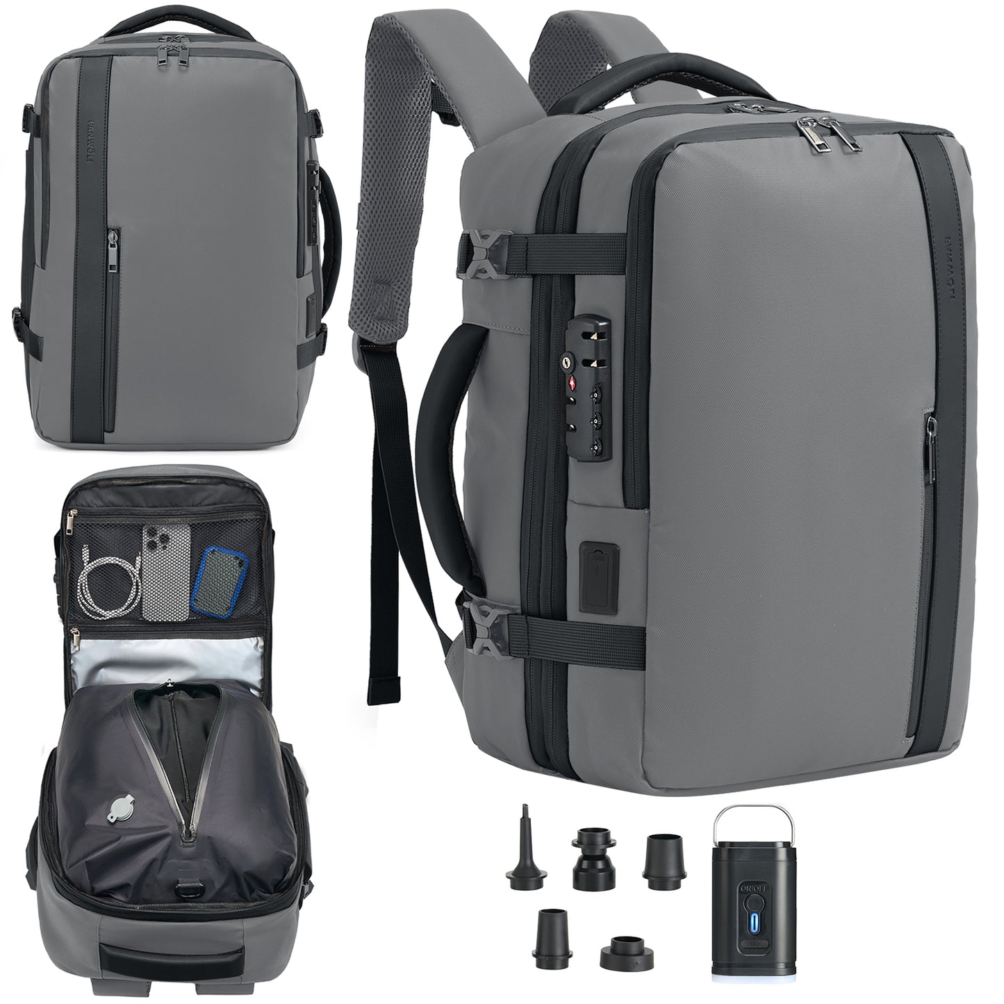 Fegat Vacuum Backpack for Travel,60L Expandable Compression Bag with Pump & TSA Lock,Vacuum Seal Backpack Flight Approved,Airbag Personal Item Carry on Backpacks for Travel Business