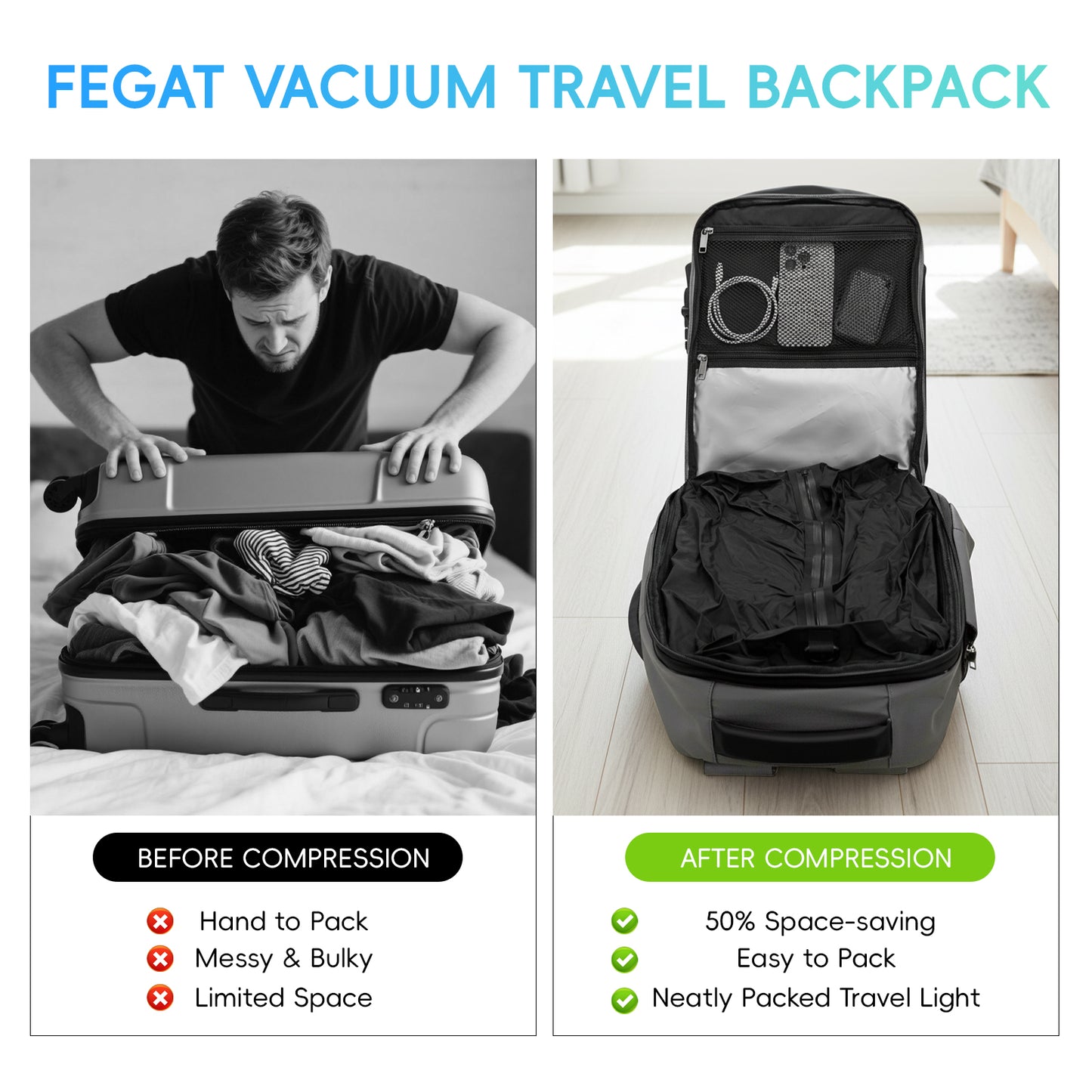 Fegat Vacuum Backpack for Travel,60L Expandable Compression Bag with Pump & TSA Lock,Vacuum Seal Backpack Flight Approved,Airbag Personal Item Carry on Backpacks for Travel Business