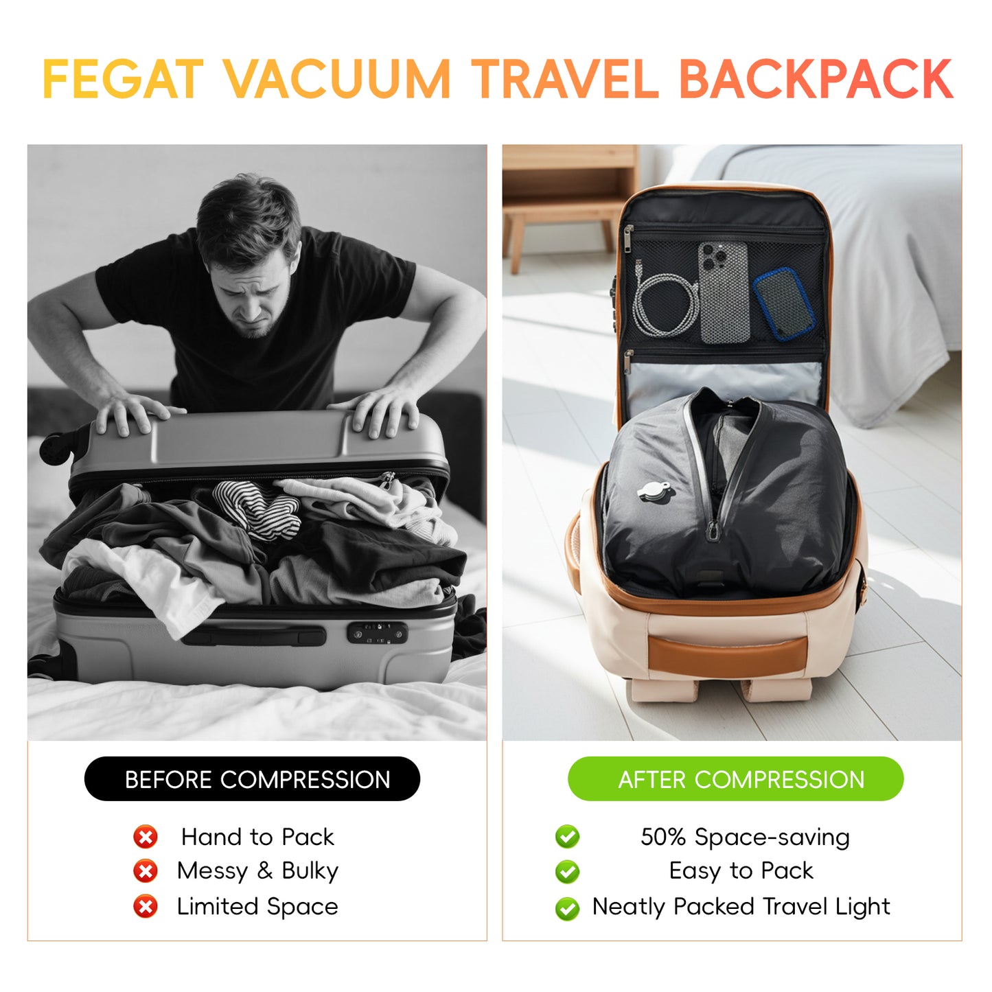 Fegat Vacuum Backpack for Travel,60L Expandable Compression Bag with Pump & TSA Lock,Vacuum Seal Backpack Flight Approved,Airbag Personal Item Carry on Backpacks for Travel Business