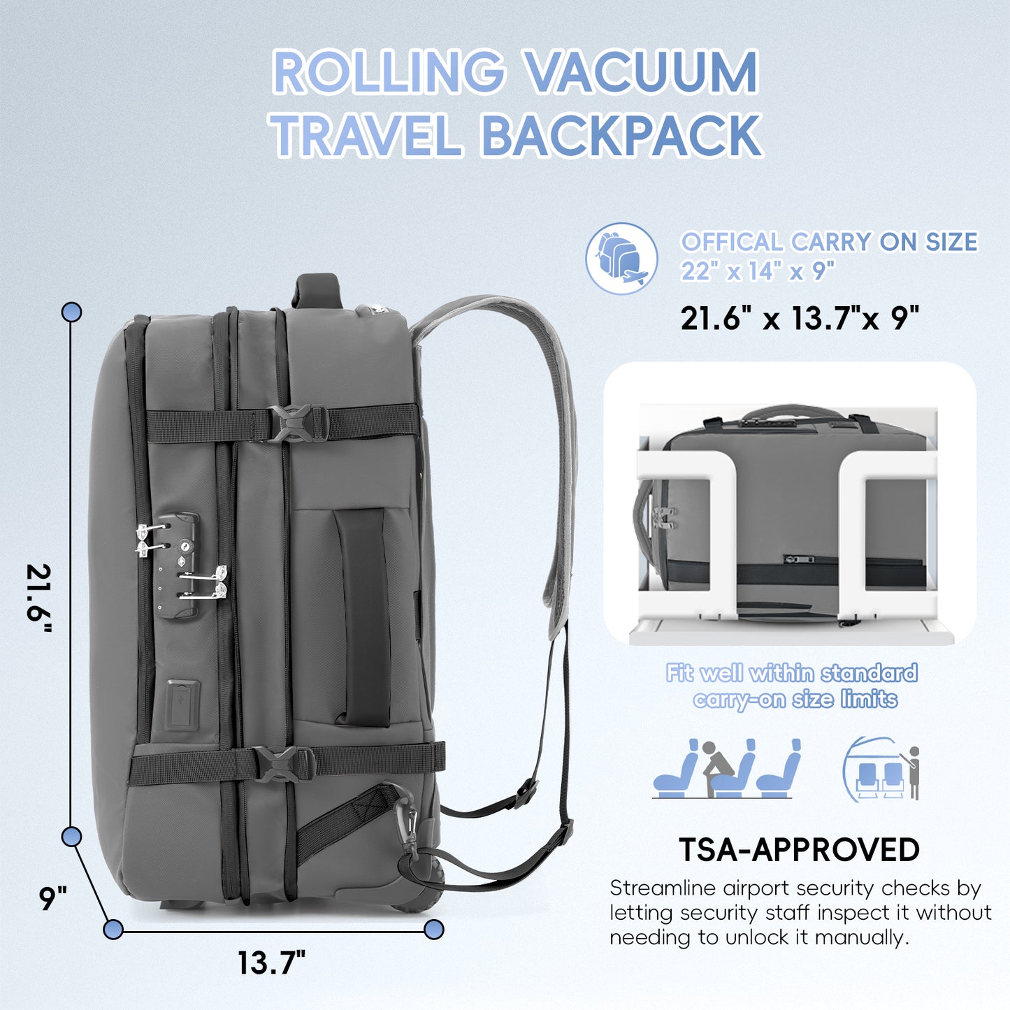 Fegat Rolling Vacuum Travel Backpack, 70L Expandable Compression Bag with Vacuum Pump,TSA Lock,Waterproof Carry on Luggage Vacuum Seal Backpacks Flight Approved for Travel Business Casual