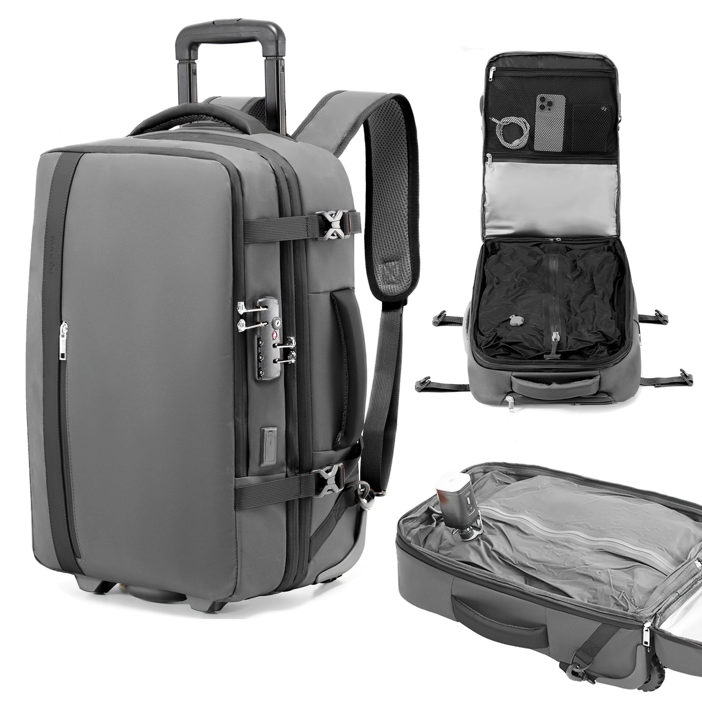 Fegat Rolling Vacuum Travel Backpack, 70L Expandable Compression Bag with Vacuum Pump,TSA Lock,Waterproof Carry on Luggage Vacuum Seal Backpacks Flight Approved for Travel Business Casual