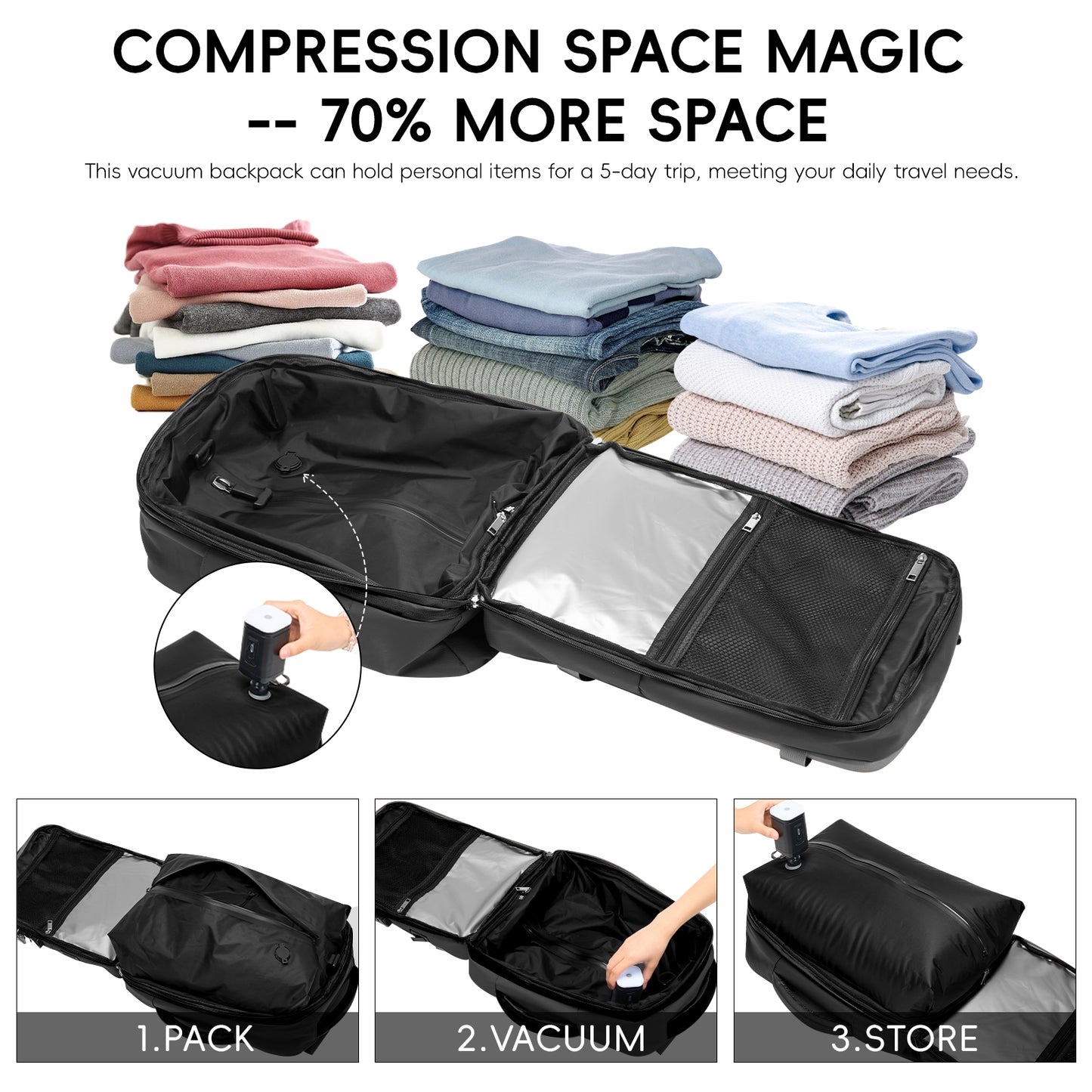 Fegat Rolling Vacuum Travel Backpack, 70L Expandable Compression Bag with Vacuum Pump,TSA Lock,Waterproof Carry on Luggage Vacuum Seal Backpacks Flight Approved for Travel Business Casual